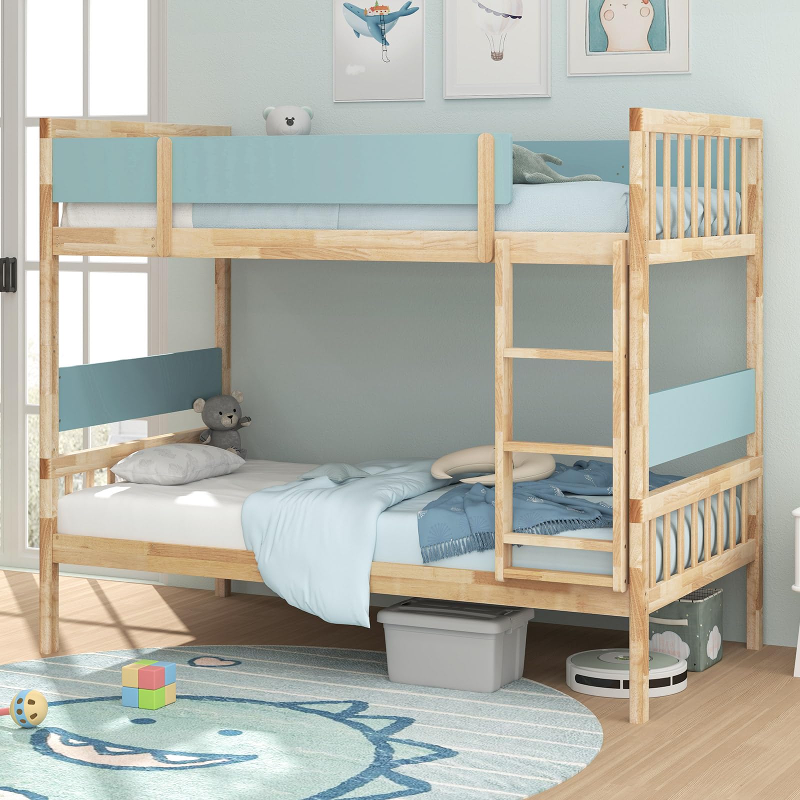 Giantex Wood Bunk Bed Twin Over Twin, Solid Wood Bunk Bed Frame with Ladder & Safety Guardrails