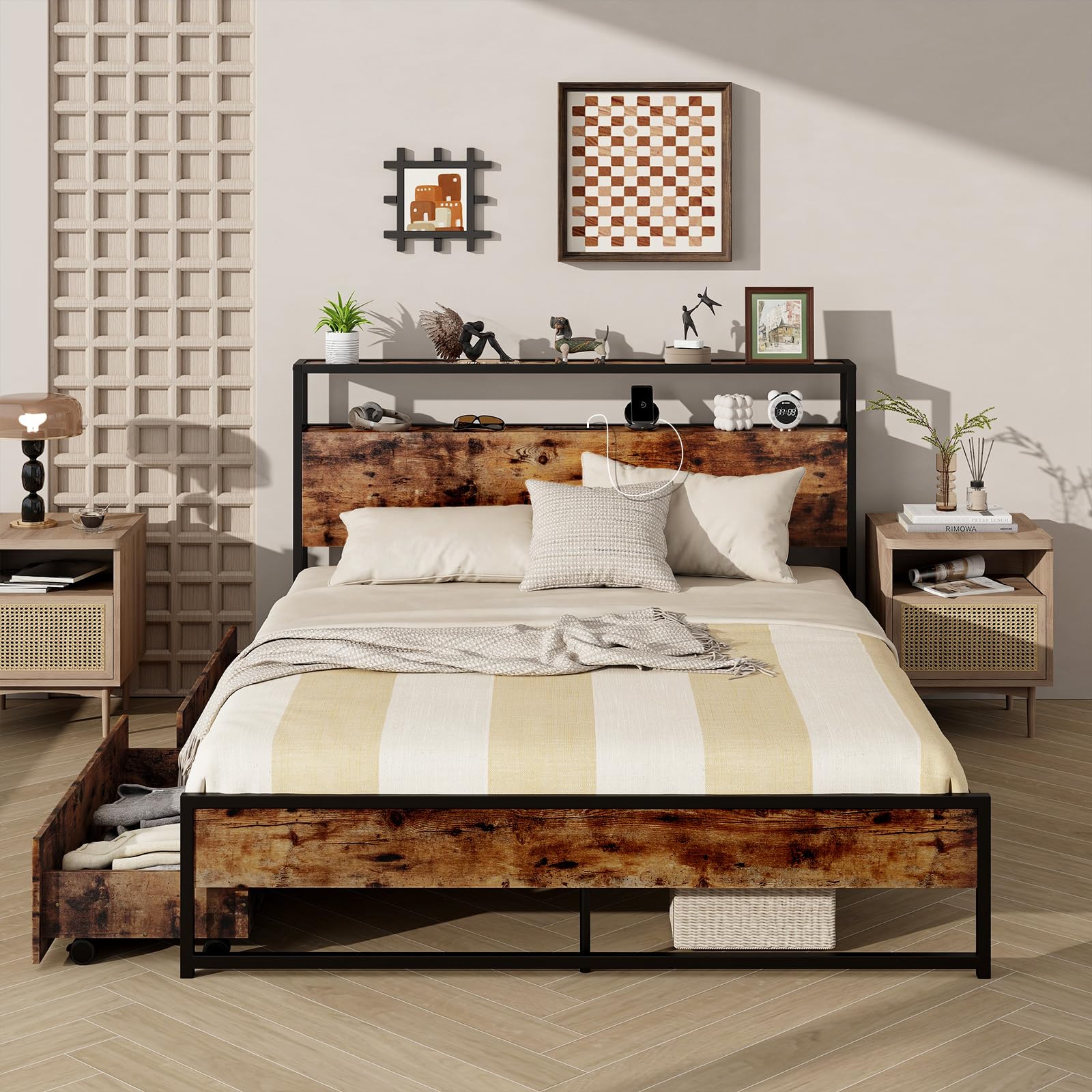 Giantex Bed Frame with 2-Tier Storage Headboard