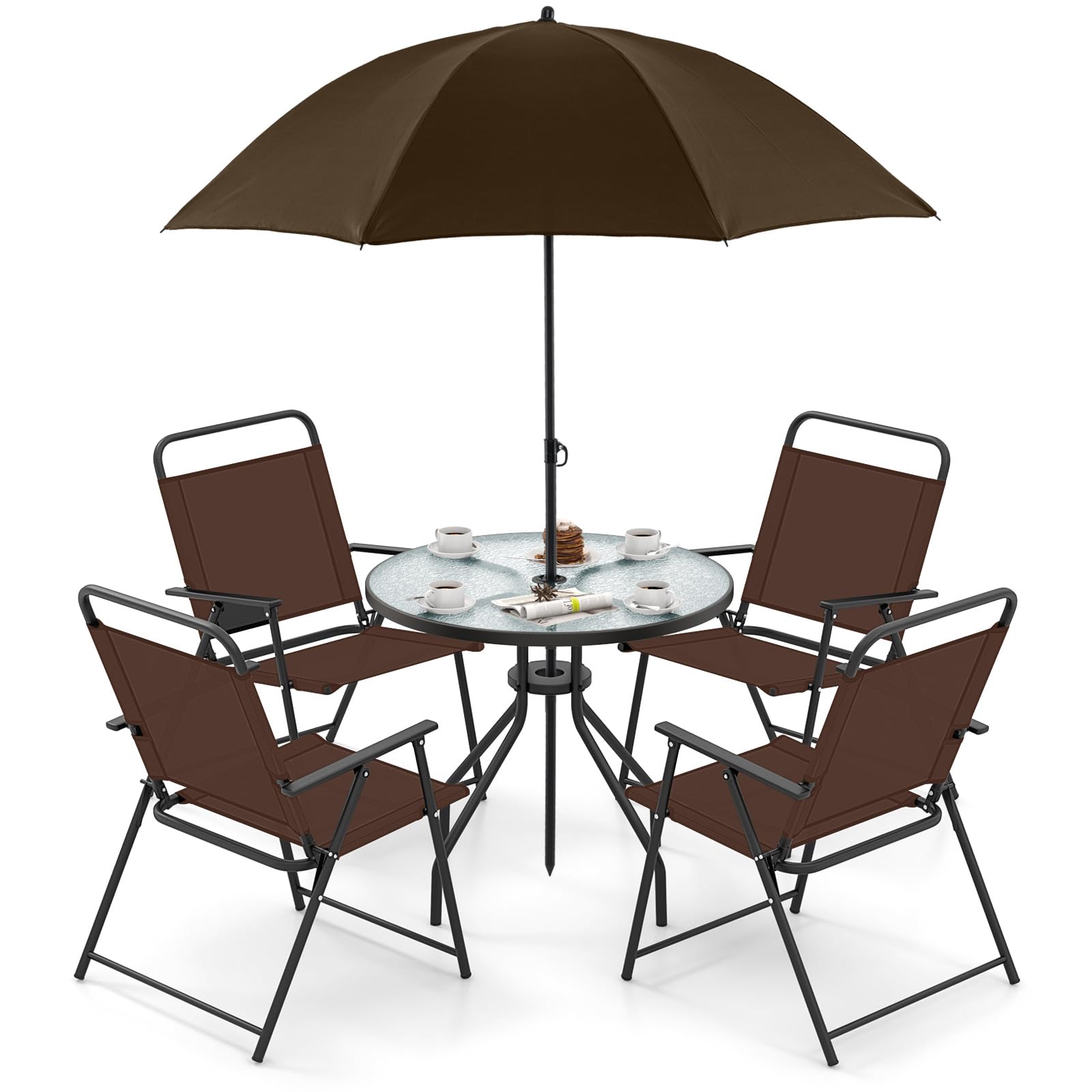 Giantex 6 Pieces Patio Dining Set, Folding Patio Chairs Set of 4, Tempered Glass Umbrella Table with Hole