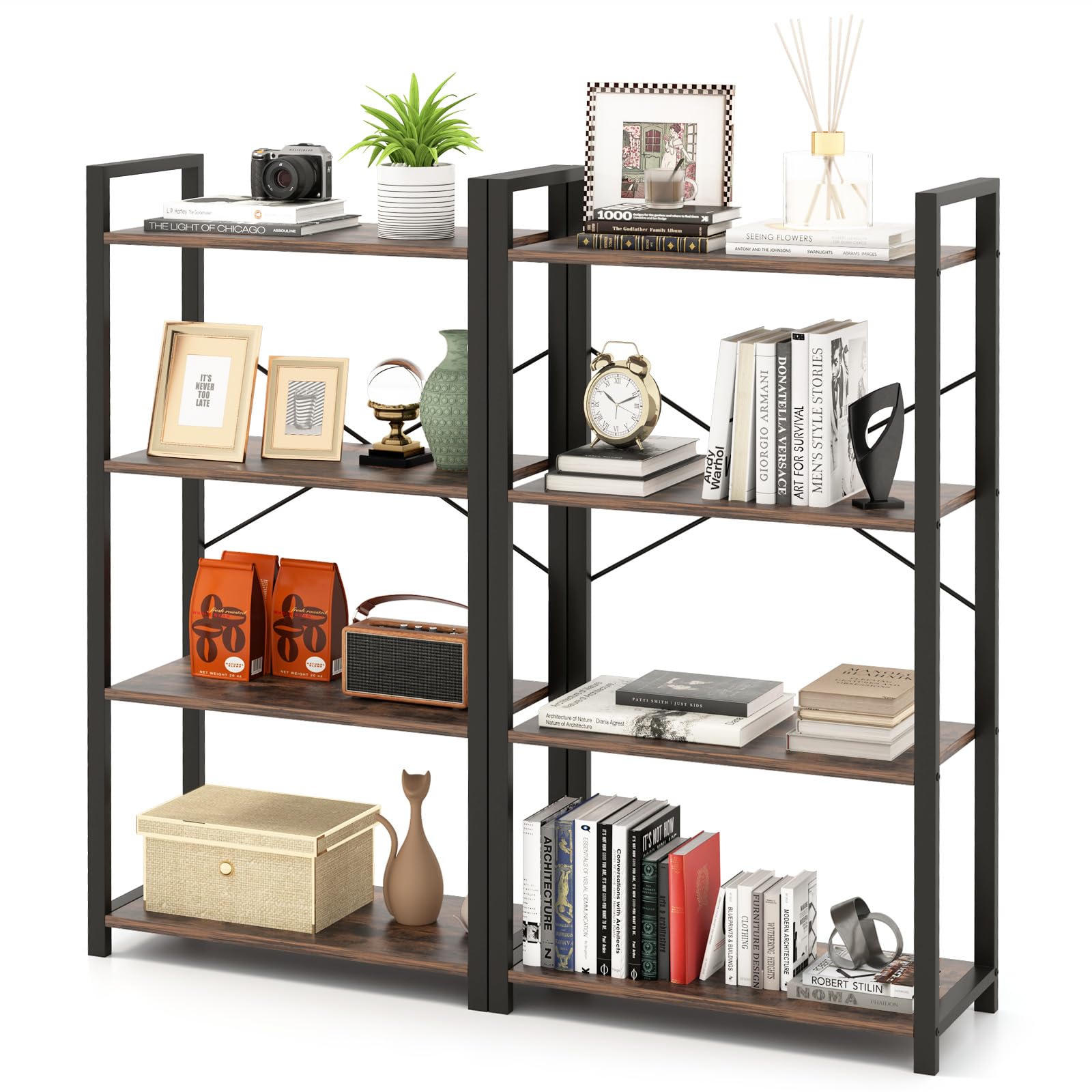 Giantex 4-Tier Bookshelf, Industrial Bookcase with Open Shelves, Metal Frame, 2 Anti-Toppling Kits