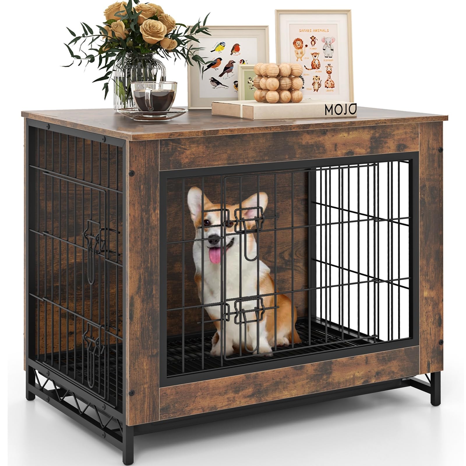 Giantex Dog Crate Furniture - Dog Kennel Side Table with Double Doors & Removable Pull-Out Tray