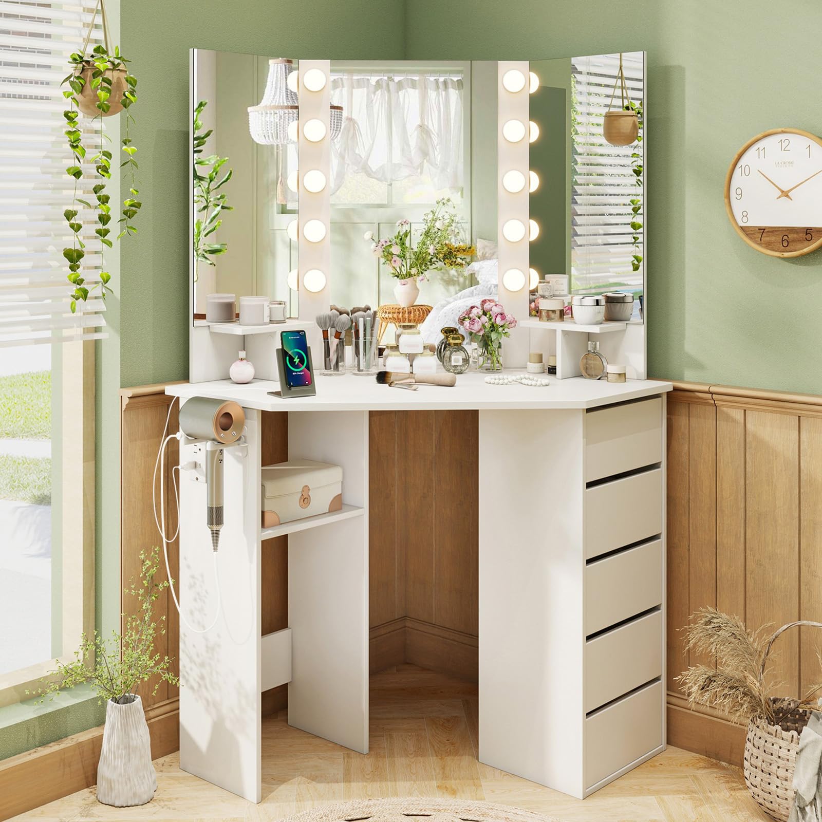 CHARMAID Corner Vanity Desk with Mirror and Lights