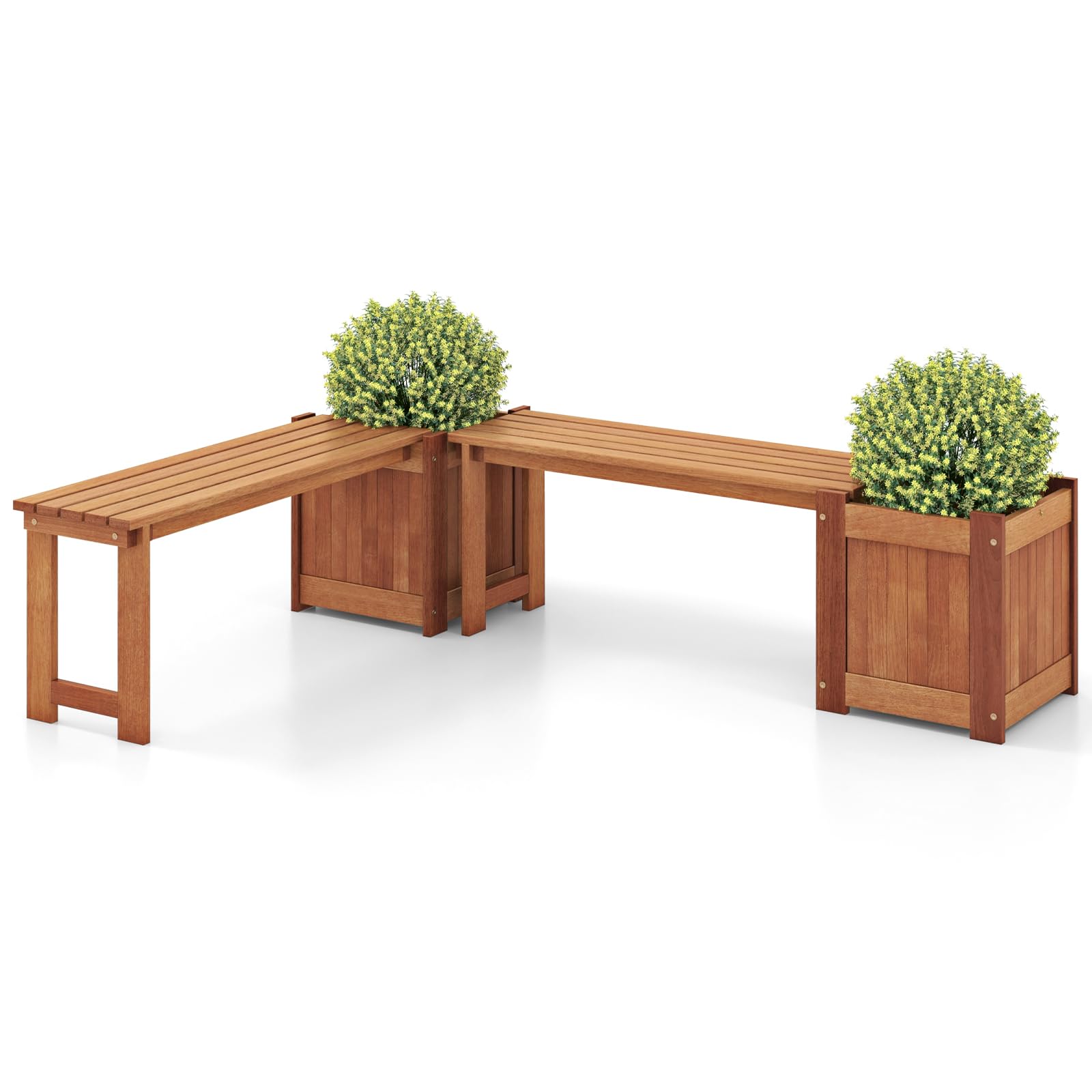 Giantex Outdoor Bench with Raised Garden Bed, Wood Seat with Teak Oil Finish, Planter Box with Open-Ended Base