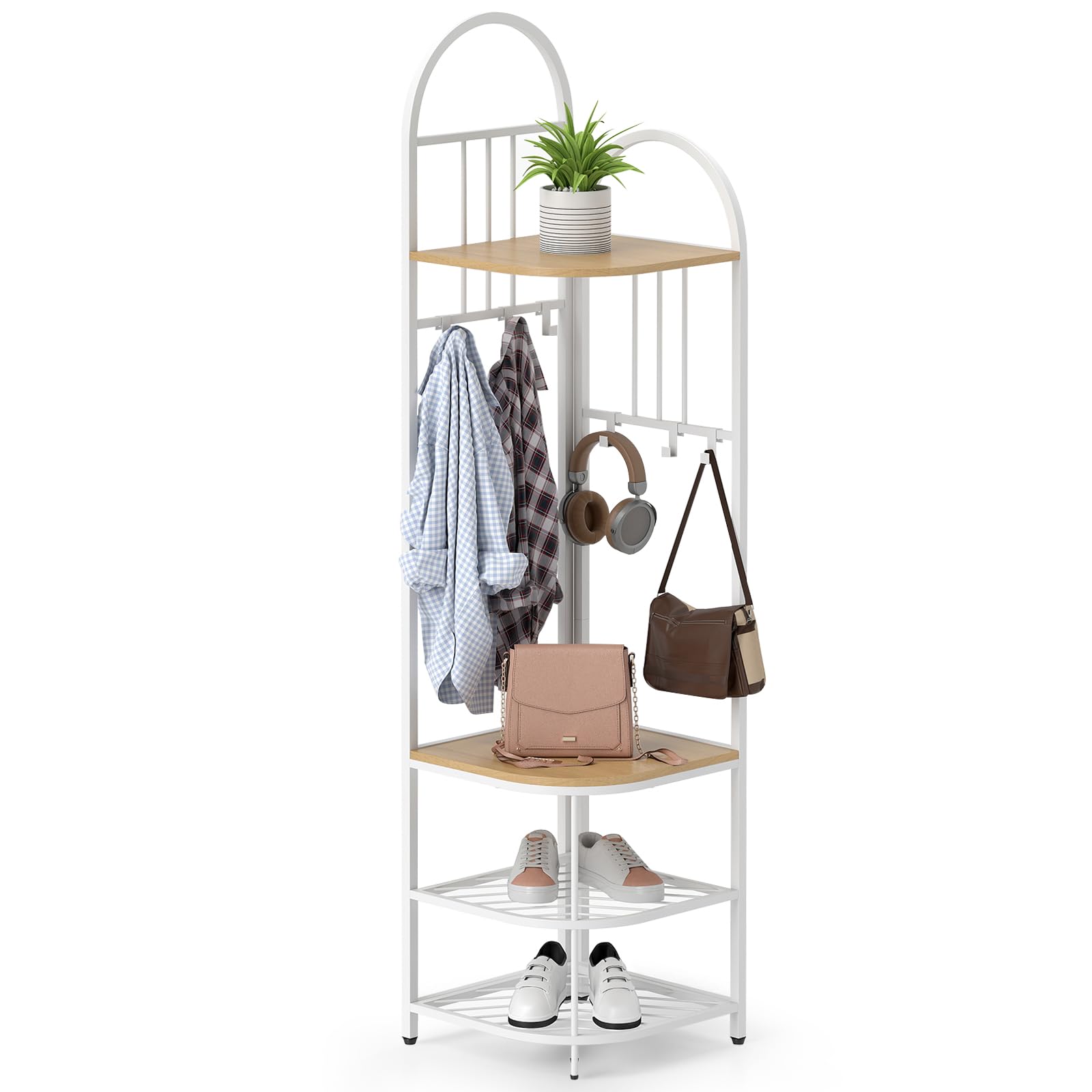 Giantex Corner Hall Tree, 71" Corner Coat Rack w/Shoe Storage Bench, 6 Removable Hooks, 4-Tier Entryway Shoes Shelf Organizer