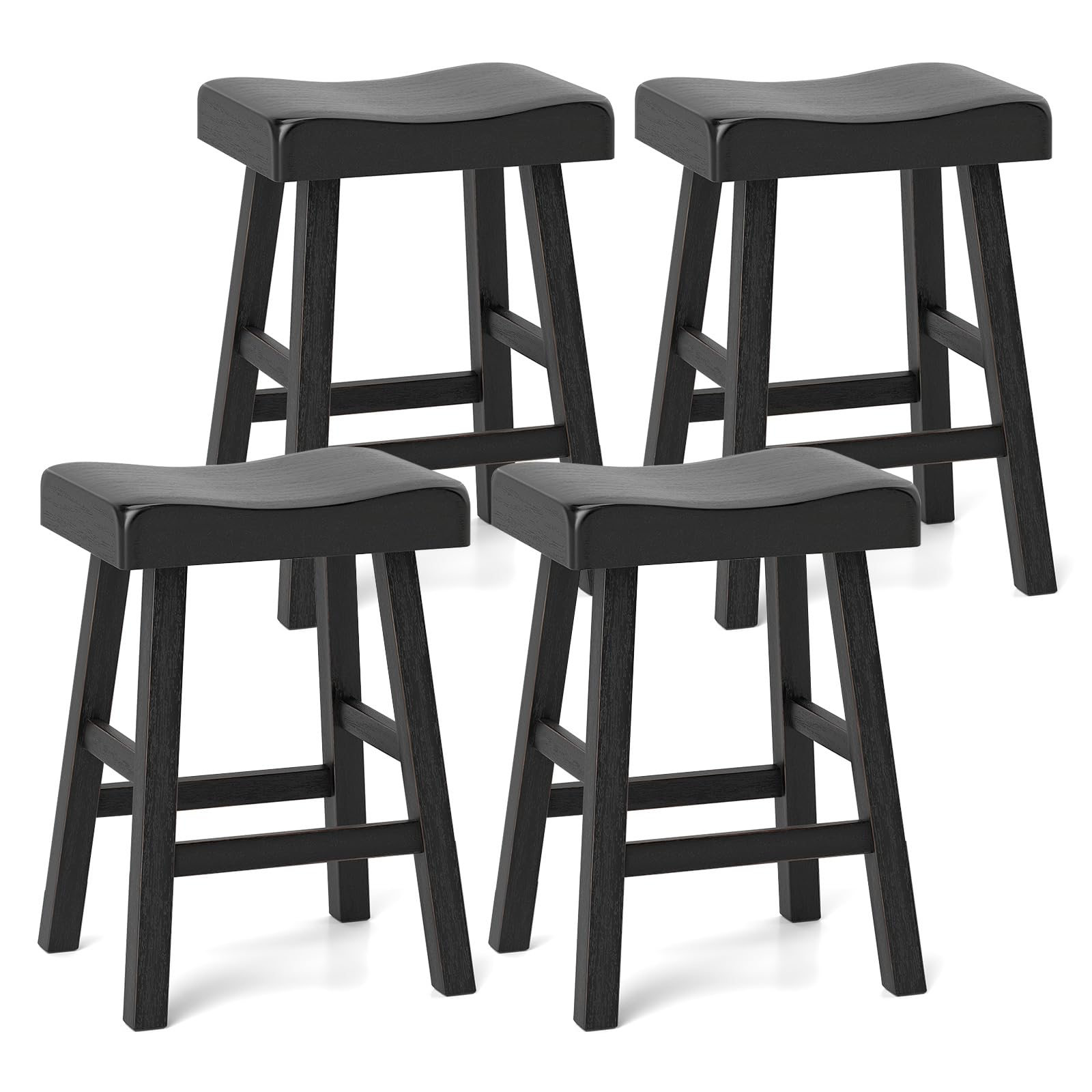 Giantex 24" Bar Stools Set, Counter Height Saddle Bar Stools w/Footrests, Acacia Wood Seats, Rubber Wood Crossbars