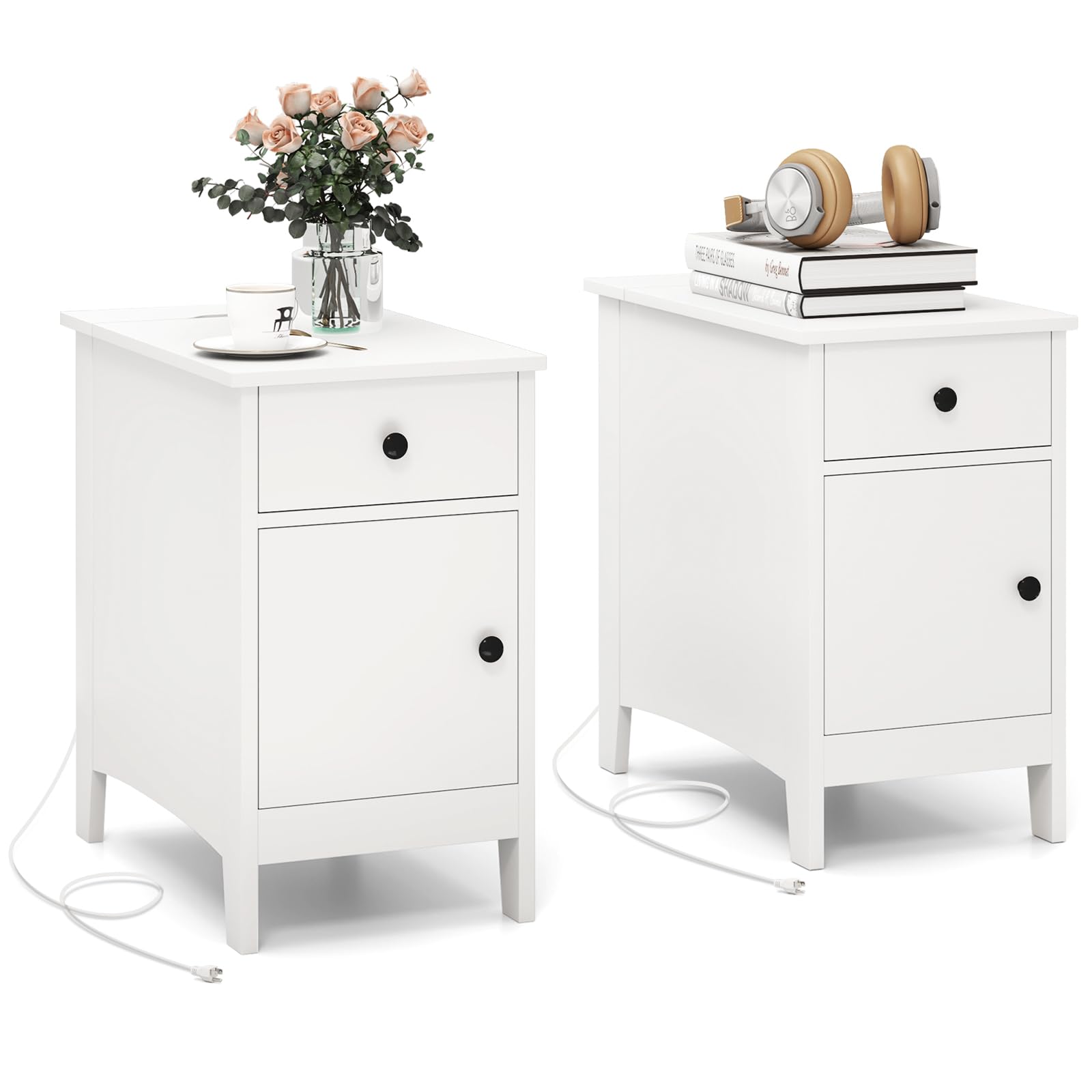 Giantex Nightstand with Charging Station, Flip Top End Table w/USB Ports & Outlets, Modern Side Table w/Storage Drawer