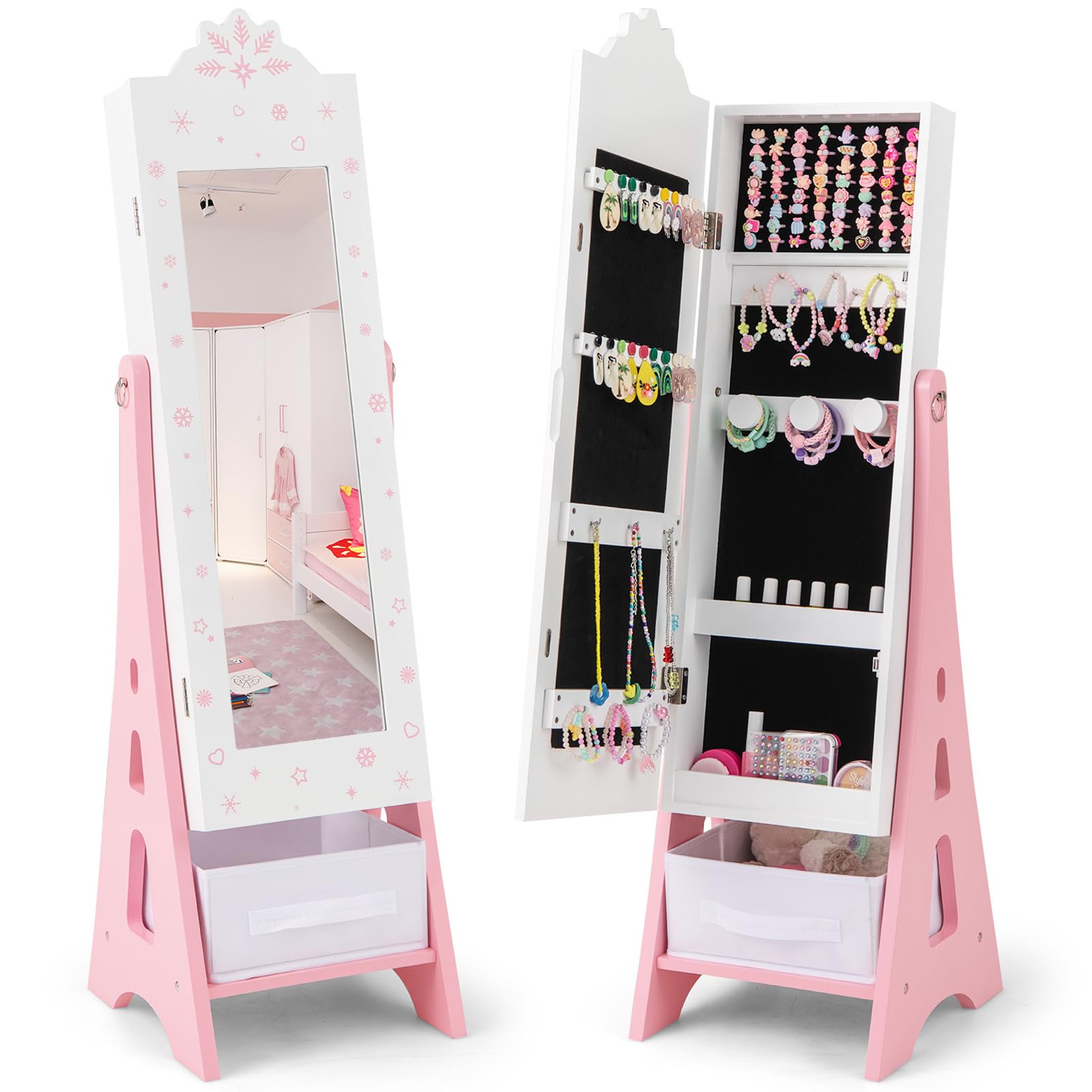 CHARMAID Kids Mirror Jewelry Cabinet - Standing Full Length Mirror with Jewelry Storage