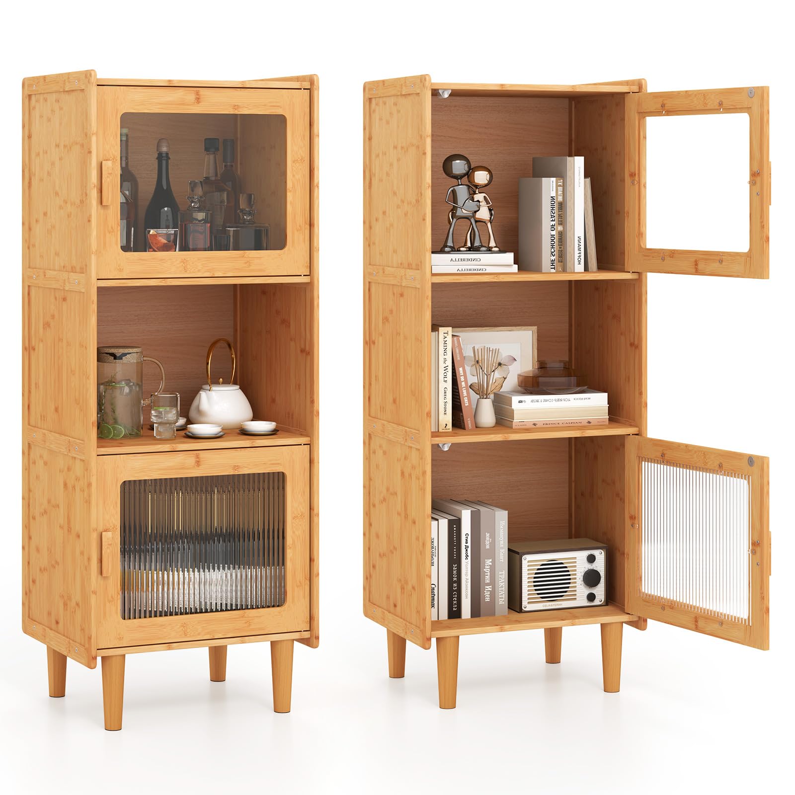 Giantex Bamboo Storage Cabinet, 3-Cube Bookcase, Freestanding Liquor Display Sideboard with 2 Single Doors