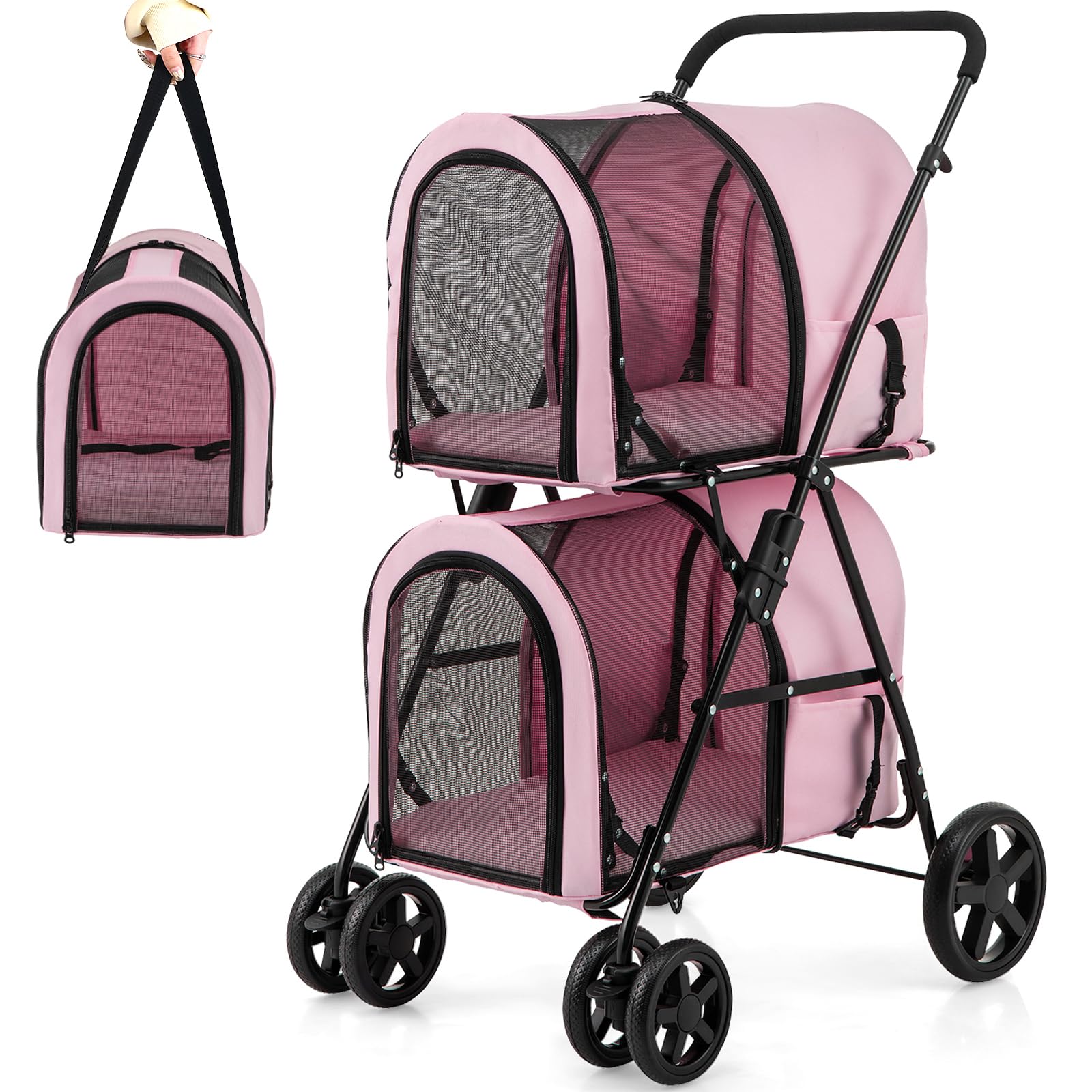 Double Pet Stroller with 2 Detachable Carrier Bags, 4 Lockable Wheels Cat Stroller