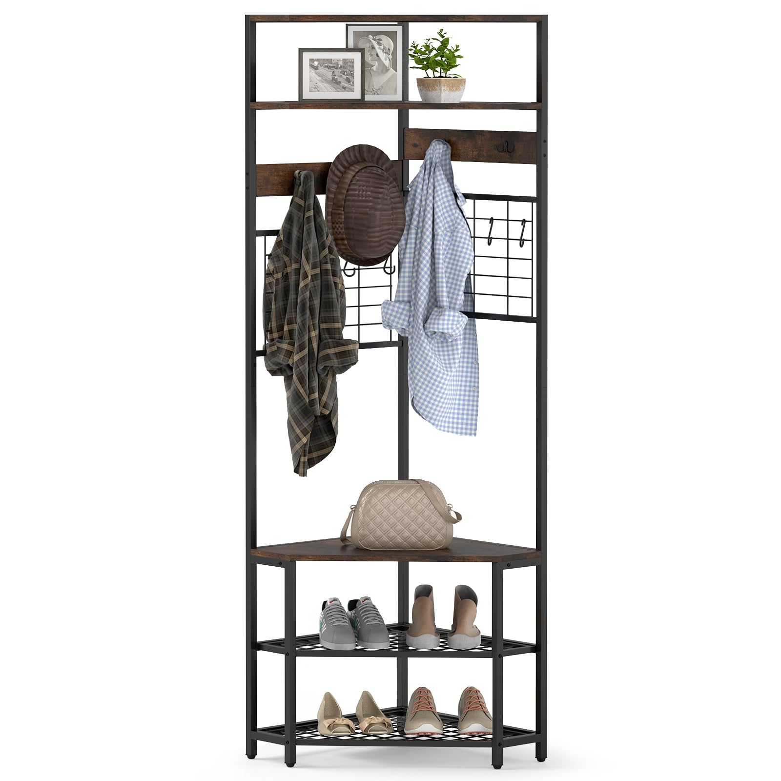 Giantex Corner Hall Tree, 73" Tall Coat Rack w/Shoe Storage Bench, 12 Metal Hooks, 5-Tier Entryway Shoes Shelf Organizer