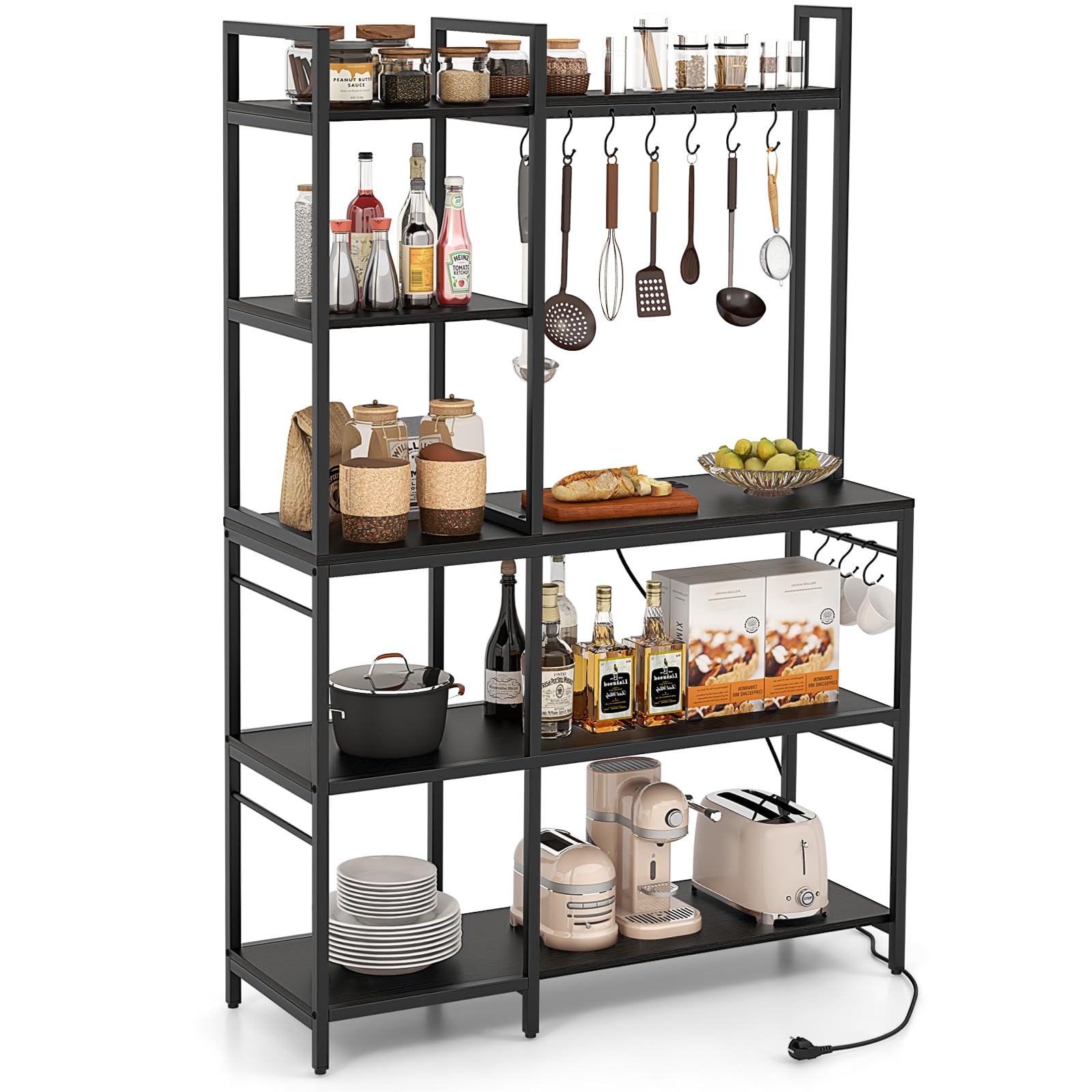 Giantex Bakers Rack with Power Outlets, 5-Tier Coffee Bar Table Organizer w/ 10 S-Shaped Hooks, 63" Large Microwave Stand