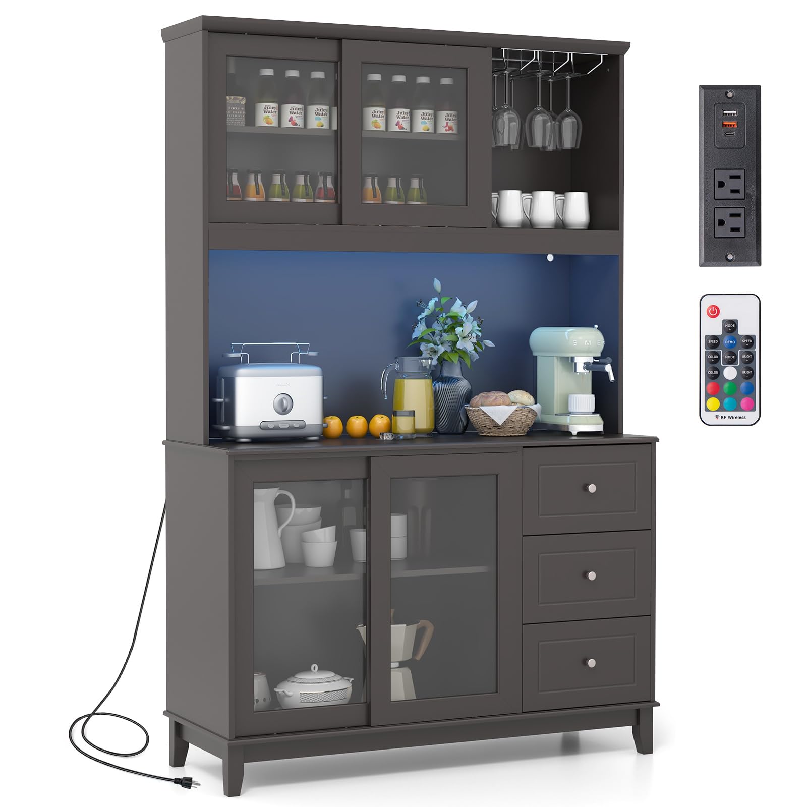 Giantex 73" Kitchen Pantry Storage Cabinet, Hutch Cabinet with LED Lights & Power Outlet, Kitchen Buffet Cabinet w/Wine Glass Racks