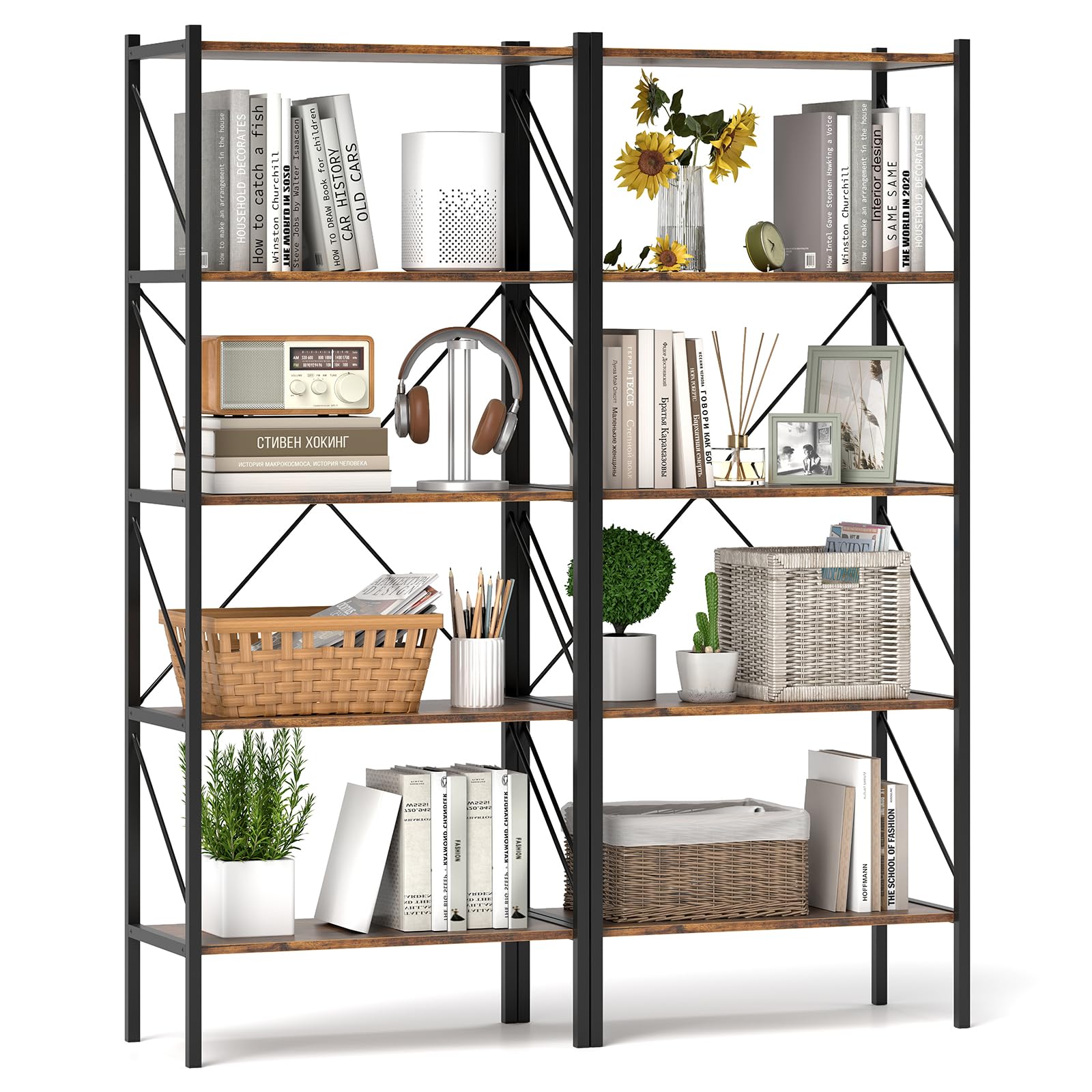 Giantex 5-Tier Bookshelf, Industrial Tall Bookcase with Open Storage Shelves & Heavy Duty Metal Frame