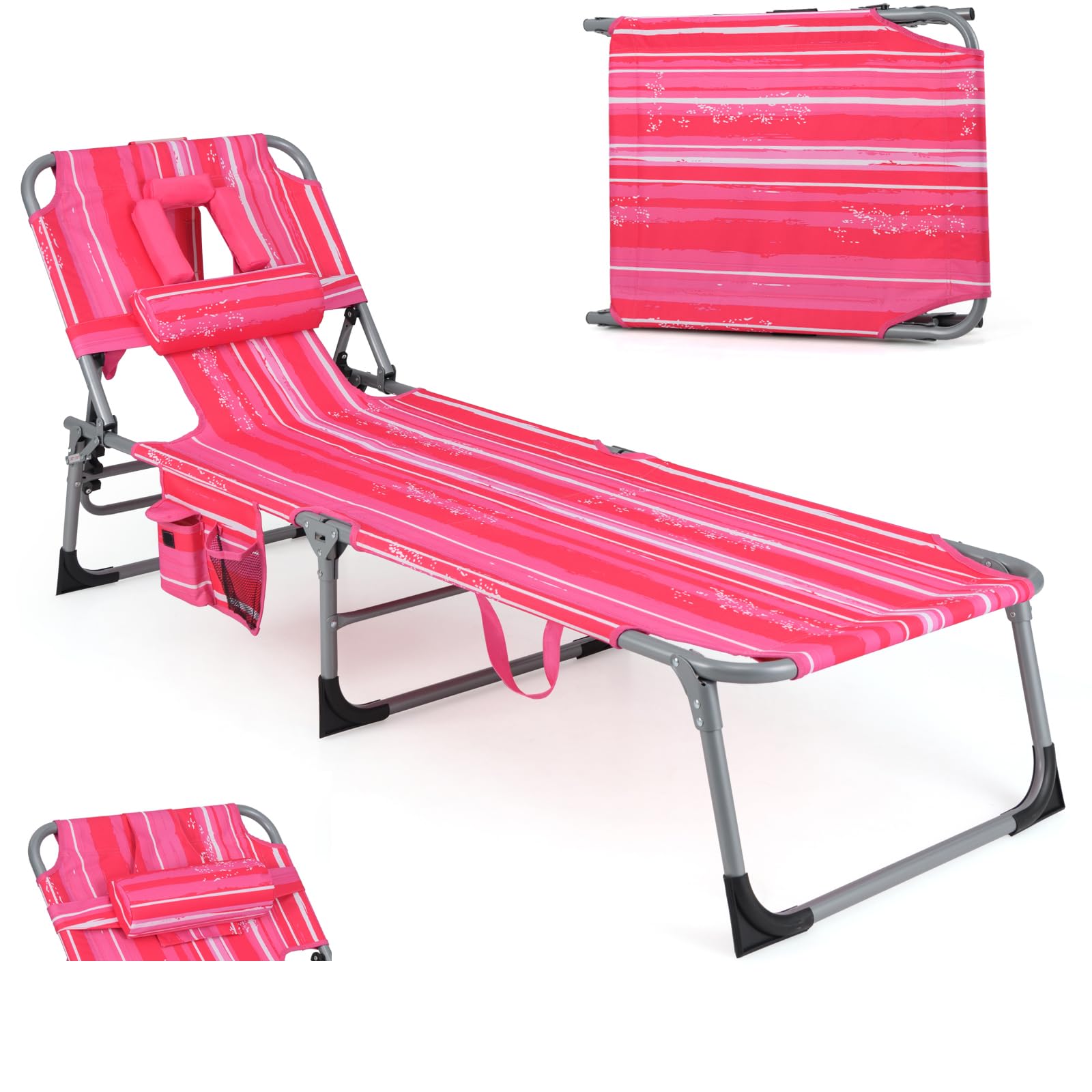 Giantex Tanning Chair Folding Beach Chair w/Face Arm Hole, Washable Pillow, Pocket