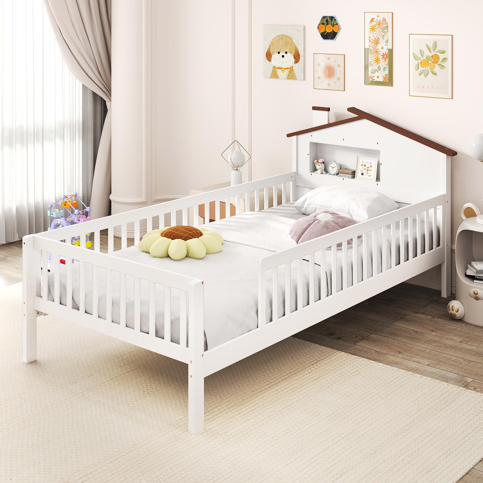 Giantex Twin Bed Frames for Kids, Solid Wood Montessori Bed with House-Shaped Headboard & Built-in Storage Shelf