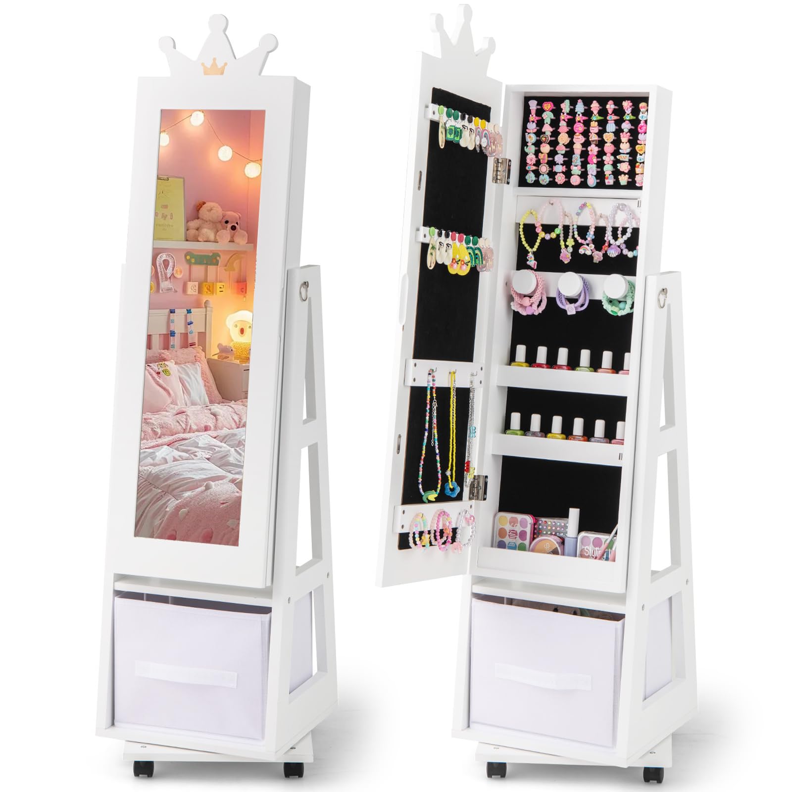 CHARMAID 360° Swivel Kids Jewelry Cabinet, 48" Standing Jewelry Organizer with Full Length Mirror, Storage Drawer