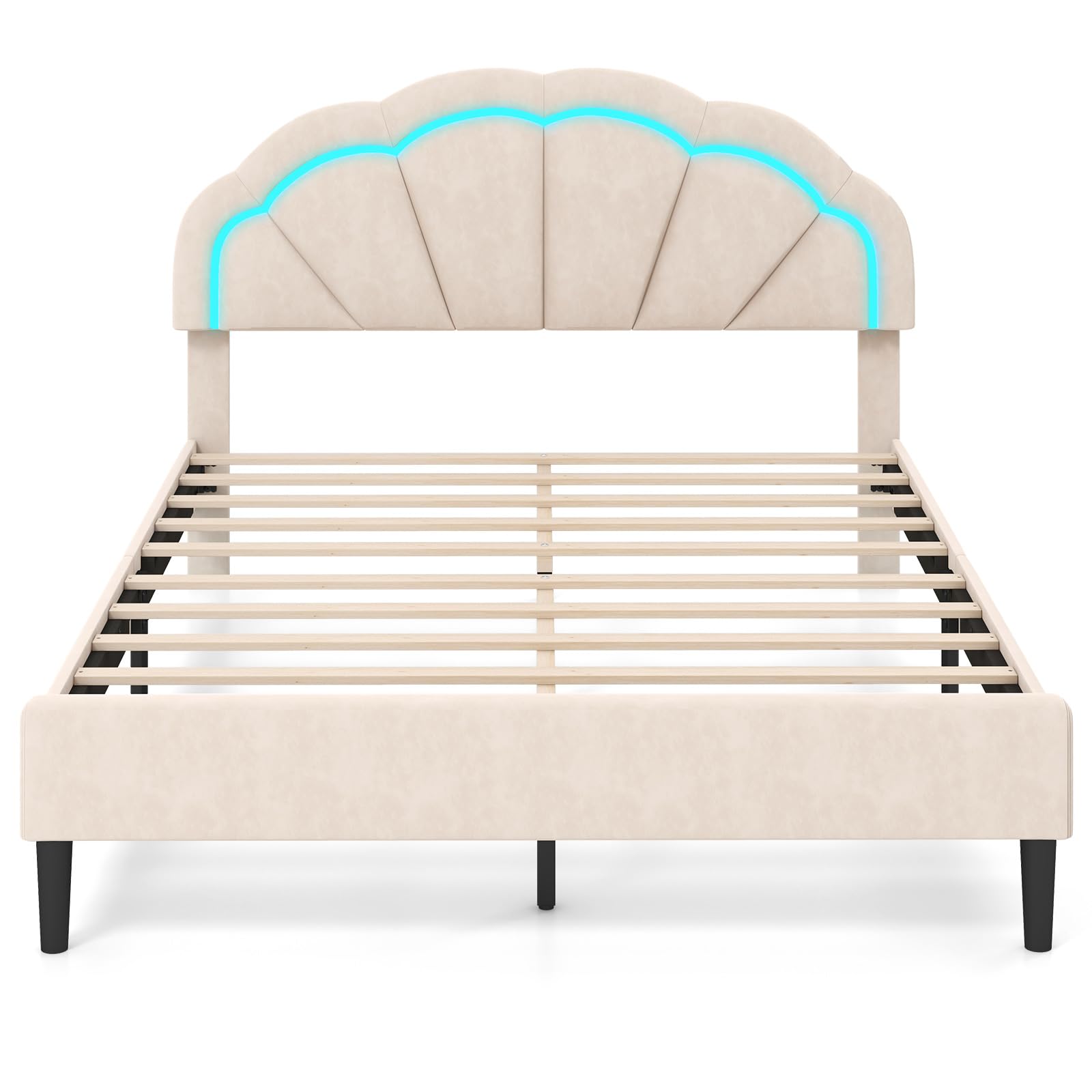 Giantex Full Size LED Bed Frame, Velvet Upholstered Full Platform Bed with Adjustable Cloud Headboard