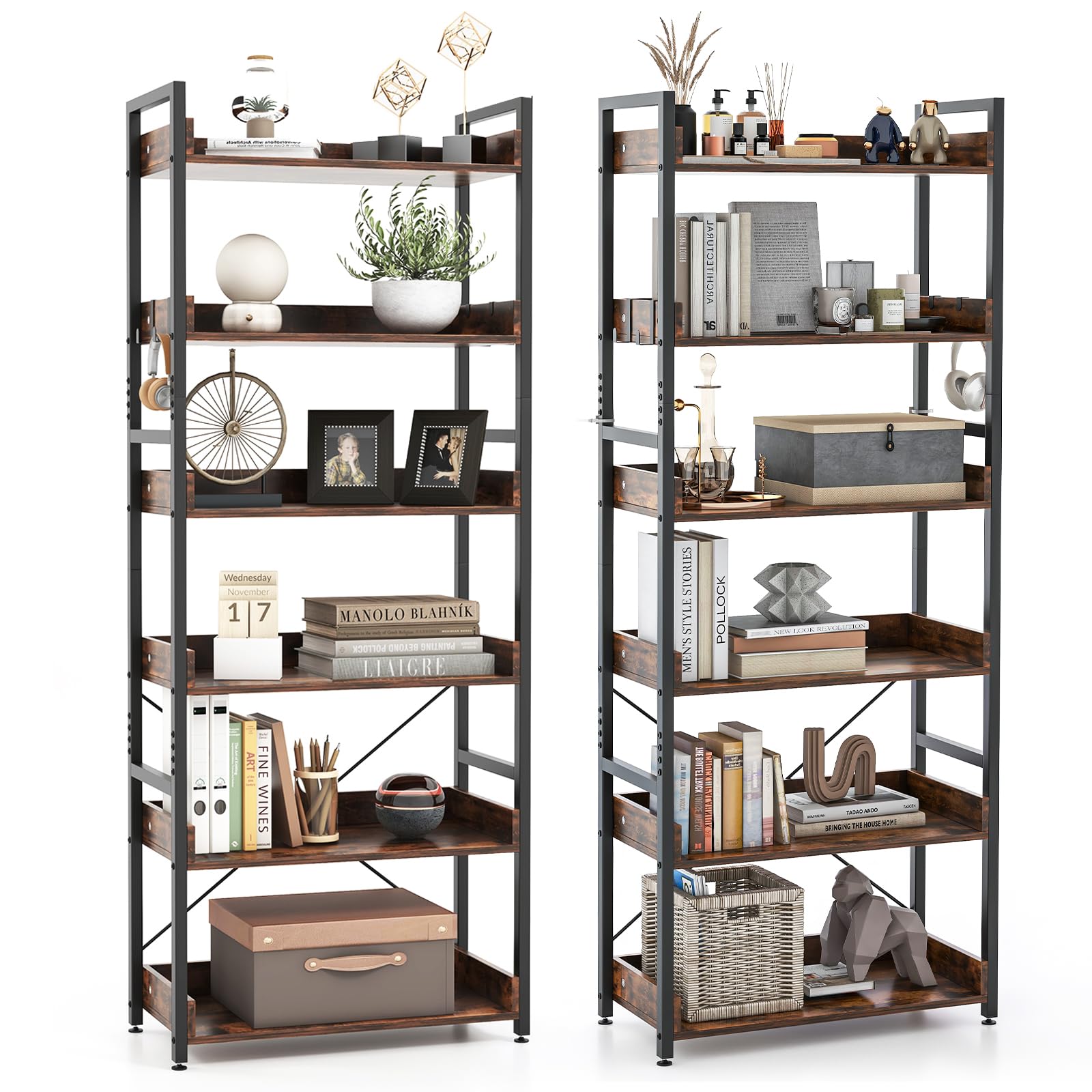 Giantex Industrial 6-Tier Bookshelf, 70" Tall Freestanding Storage Display Shelf with 4 Hooks