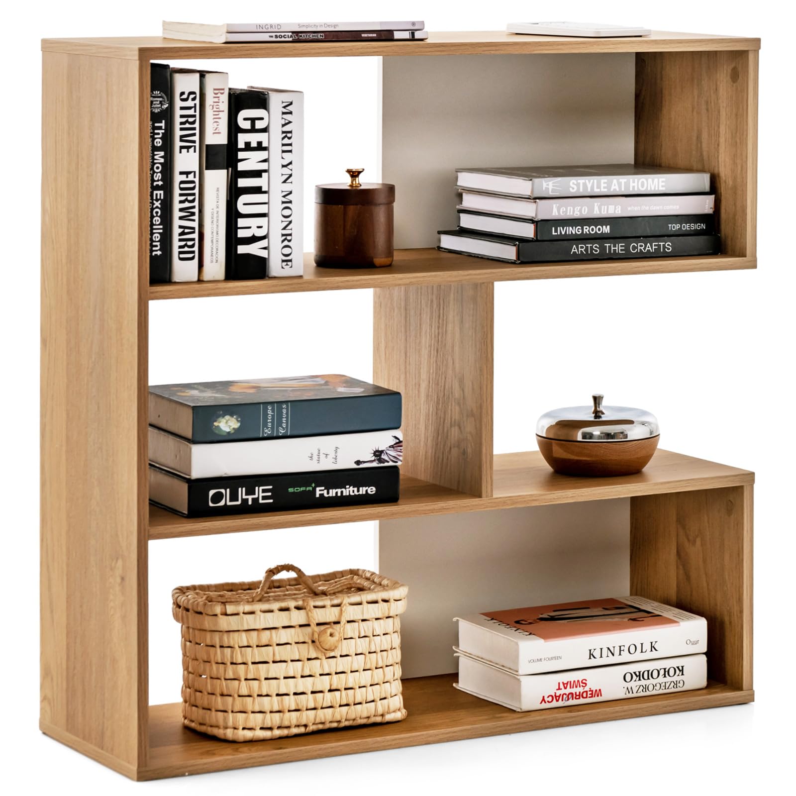 Giantex 3-Tier Bookshelf, Wooden Concave Bookcase for Small Space, Modern Freestanding Display Storage Shelves