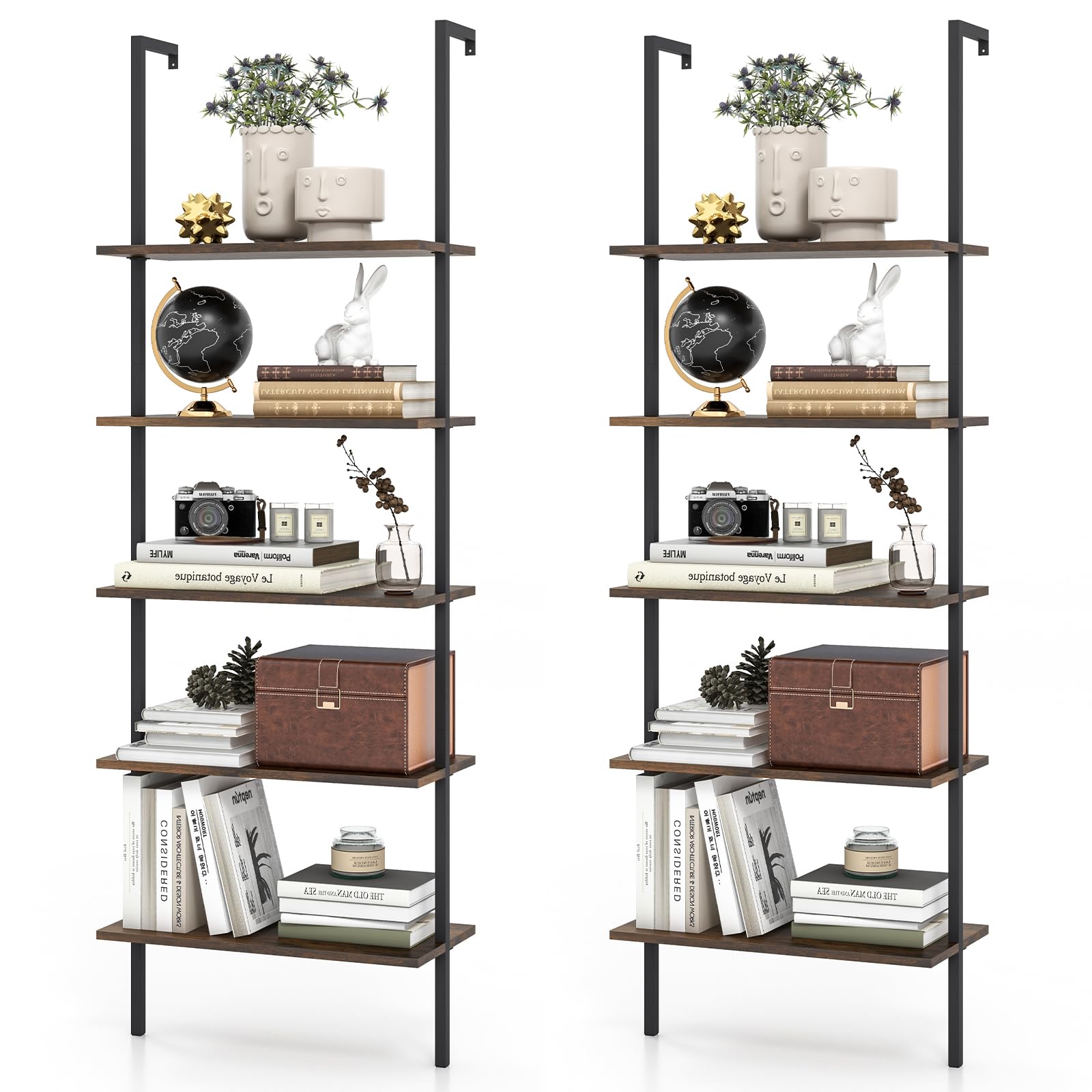 Giantex 5 Tier Modern Wall Mounted Bookshelf, 71'' White and Gold Wood Bookcase with Steel Frame