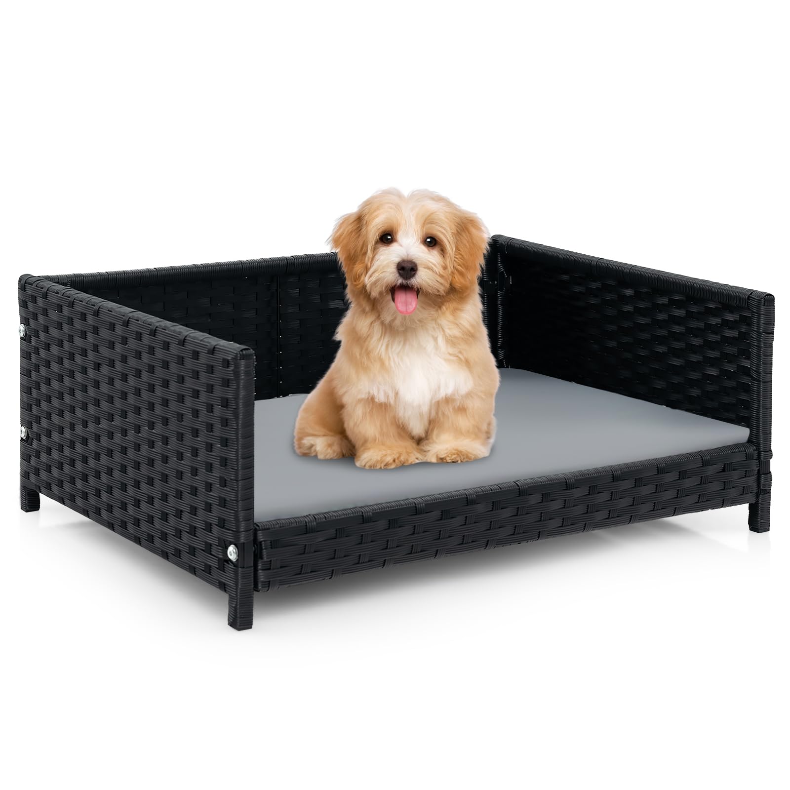 Giantex Wicker Dog Bed, Raised Woven Rattan Pet Bed Sofa Couch w/Waterproof & Washable Cushion