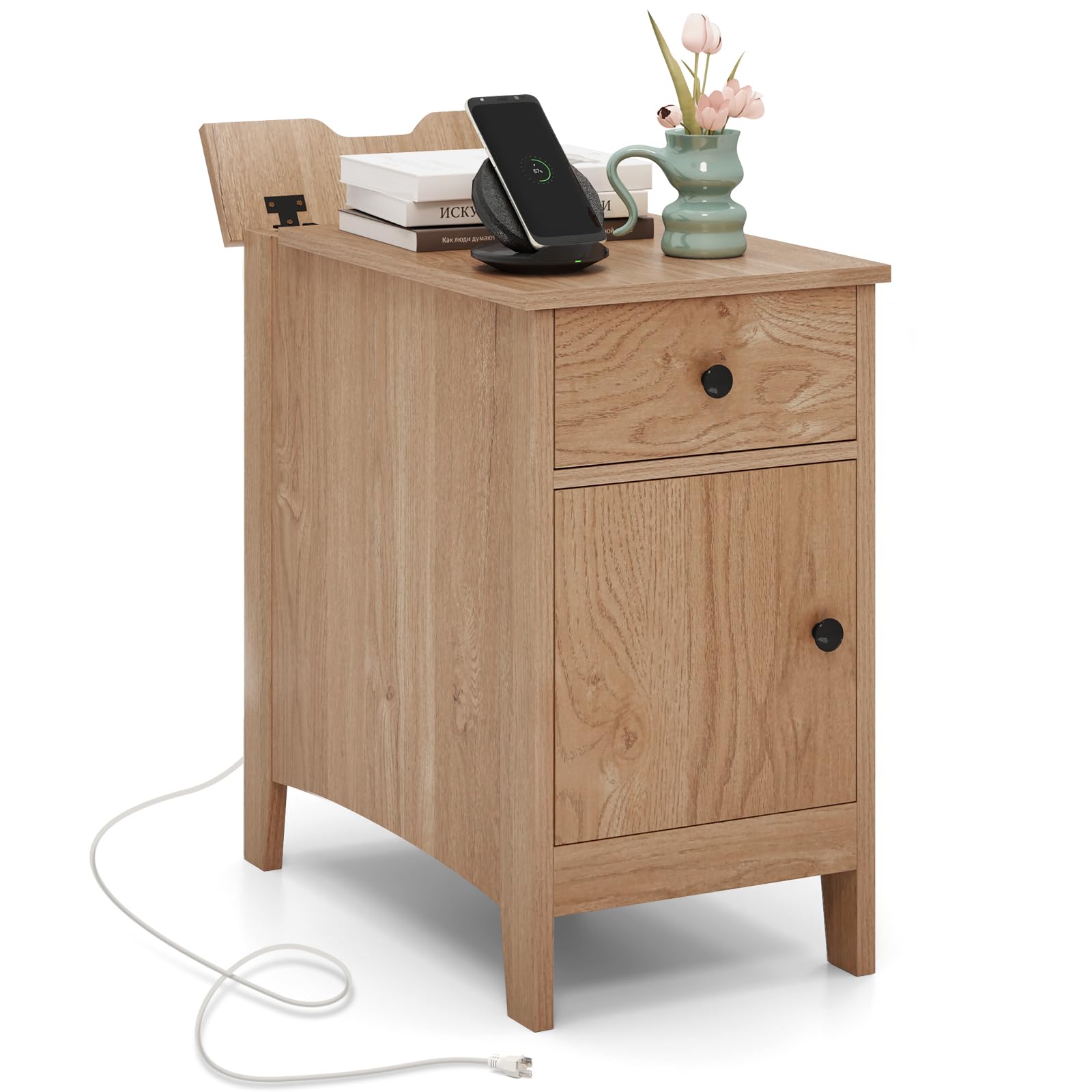 Giantex Nightstand with Charging Station, Flip Top End Table w/USB Ports & Outlets, Modern Side Table w/Storage Drawer