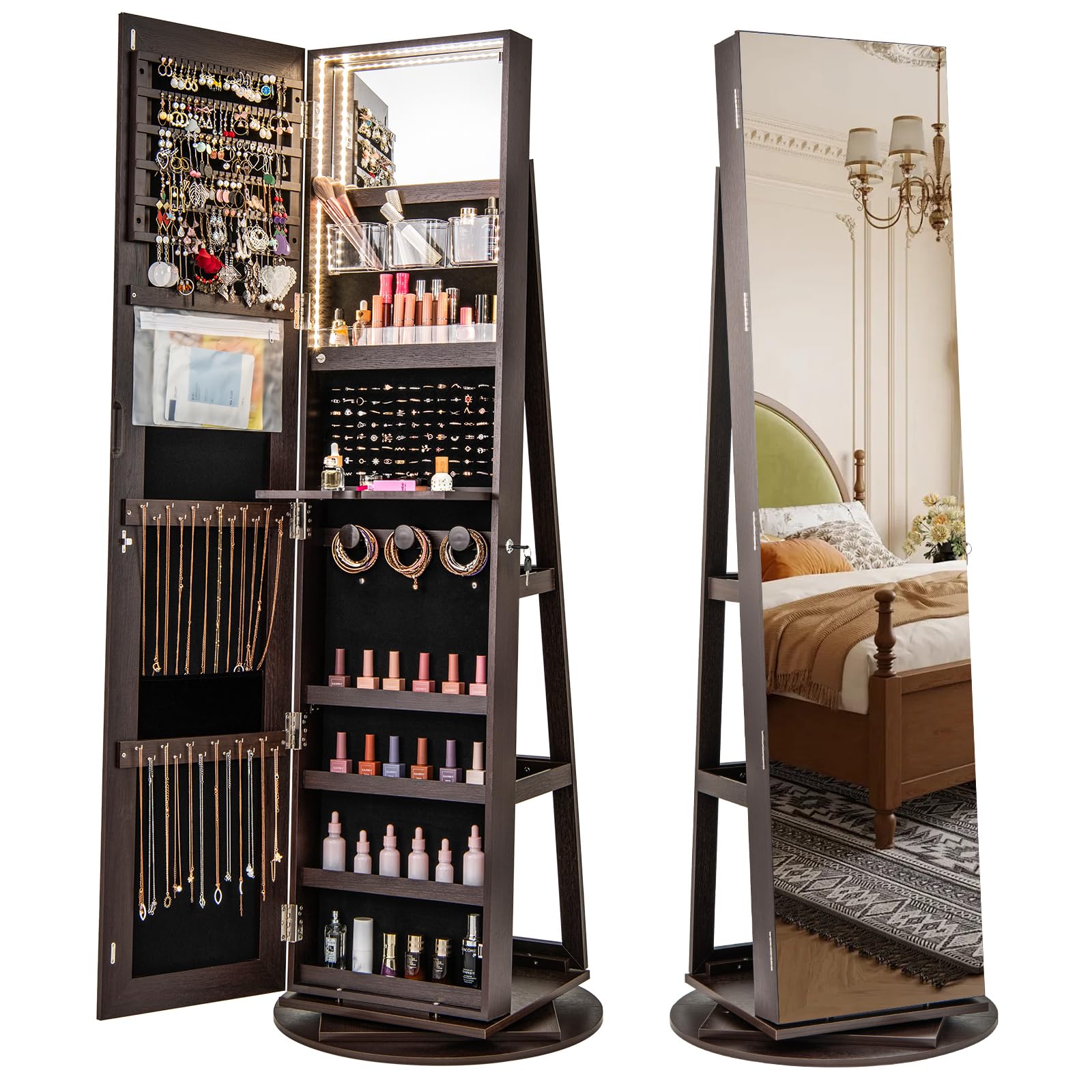 CHARMAID 63.5"H Jewelry Armoire with Full Length Mirror 360 Degree Swivel, 3-Color LED lights