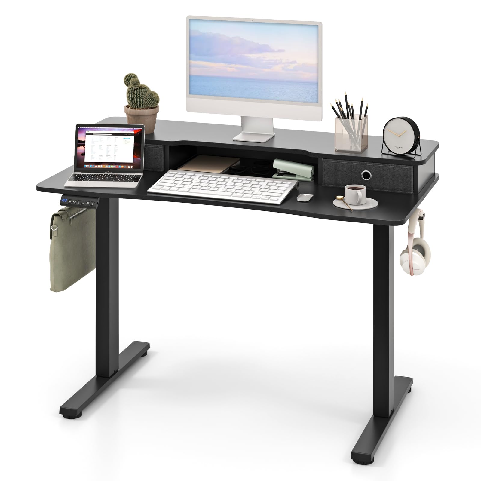 Giantex Electric Standing Desk with 2 Drawers, 48" /55"x 24" Height Adjustable Electric Stand Up Desk with Storage Shelf