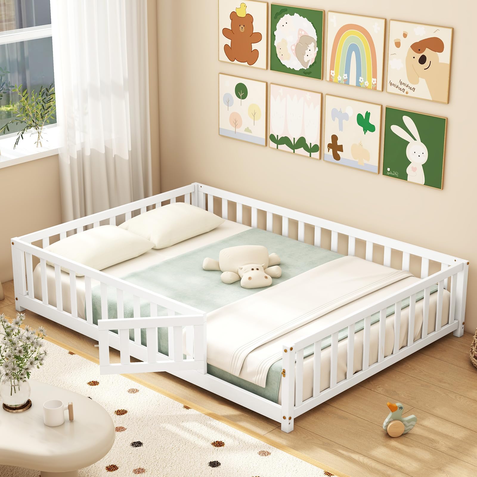 Giantex Full Size Floor Bed for Kids, Montessori Floor Bed with Wood Slats & Safety Guardrails