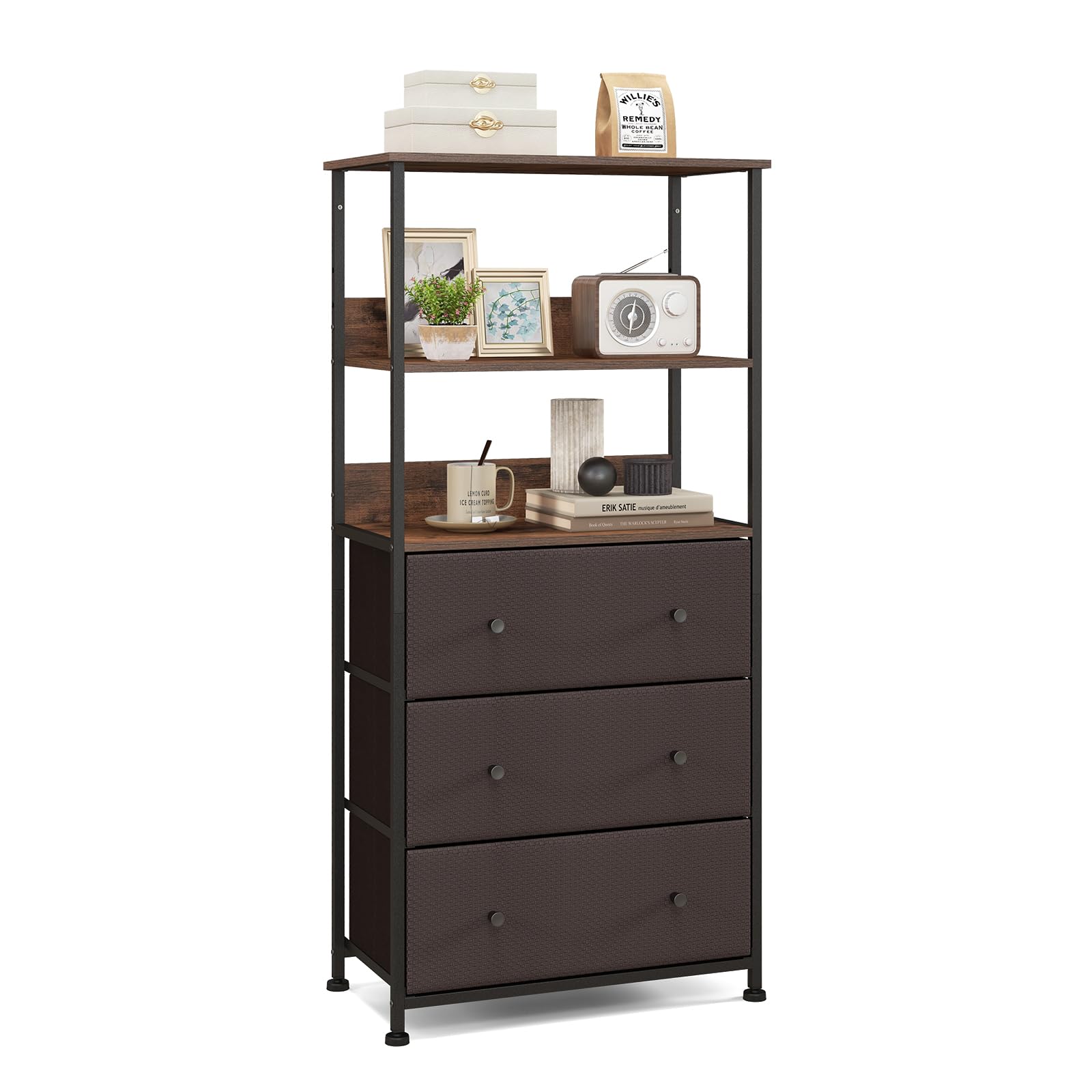 Giantex Corner Shelf with 3 Storage Drawers - 3-Tier Bookshelf with Height Adjustable Upper Shelf