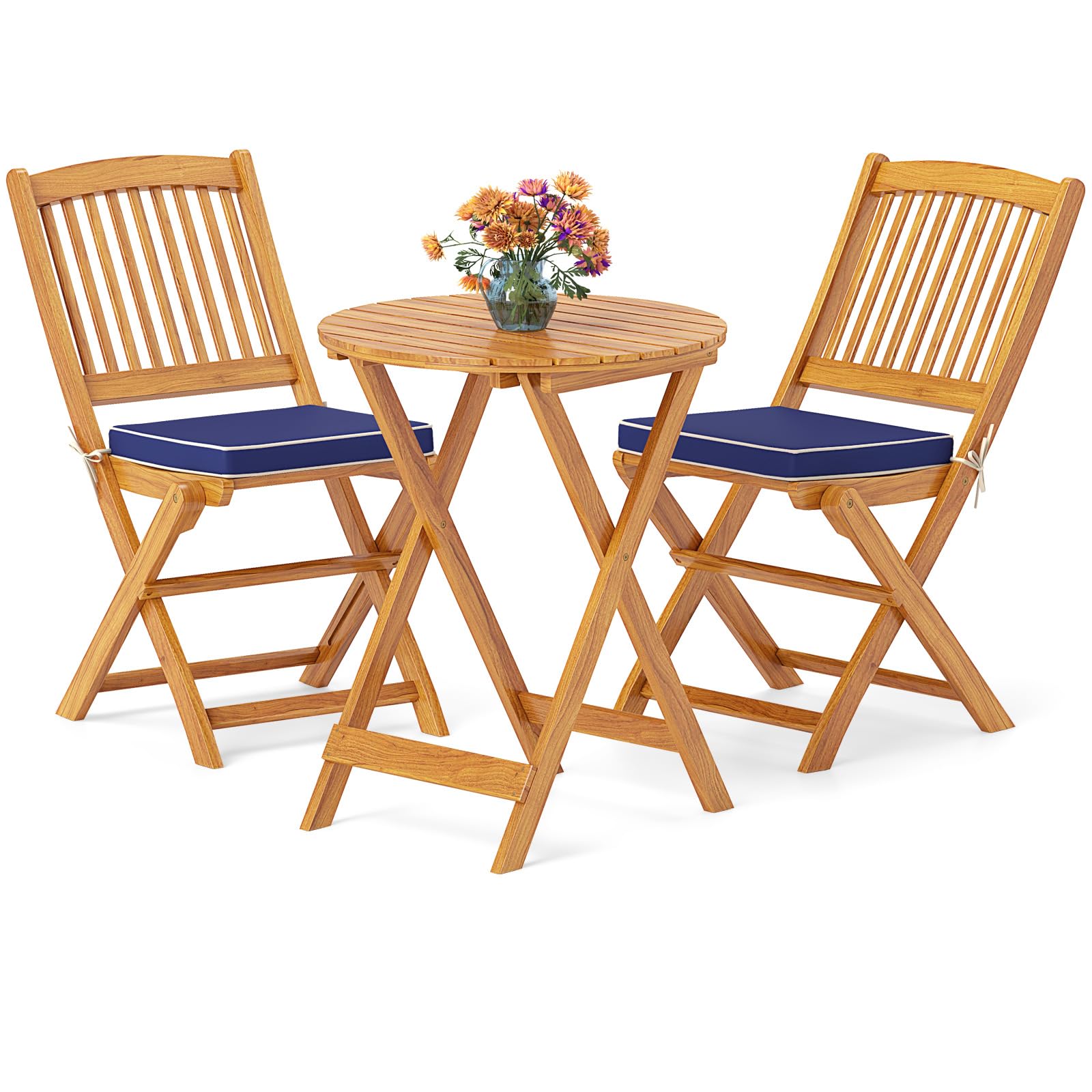 Giantex Patio Bistro Set 3 Pieces, Outdoor Acacia Wood Folding Table & Chairs Set with 2 Padded Cushions