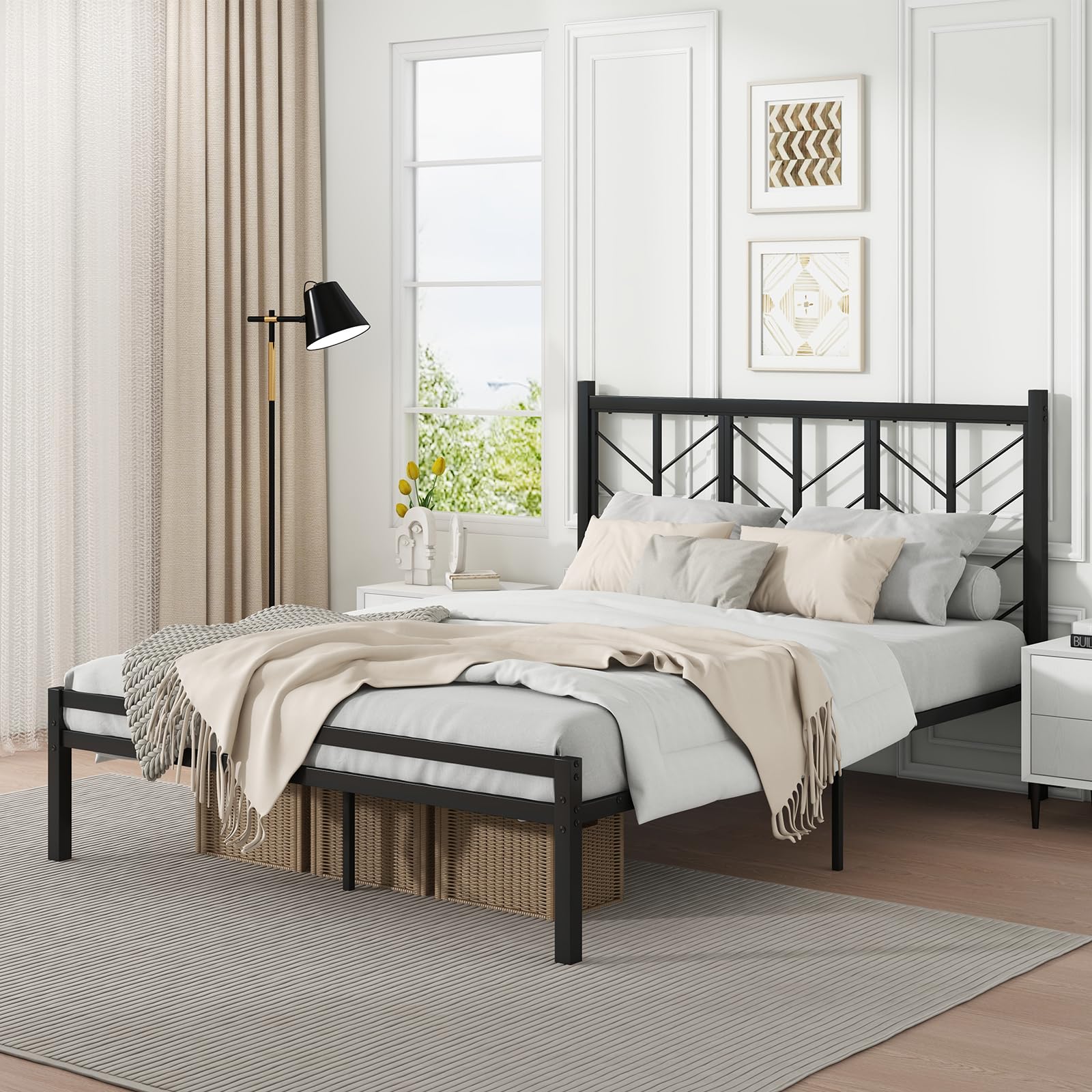 Giantex Bed Frames with Vintage Headboard, Metal Mattress Foundation for Storage