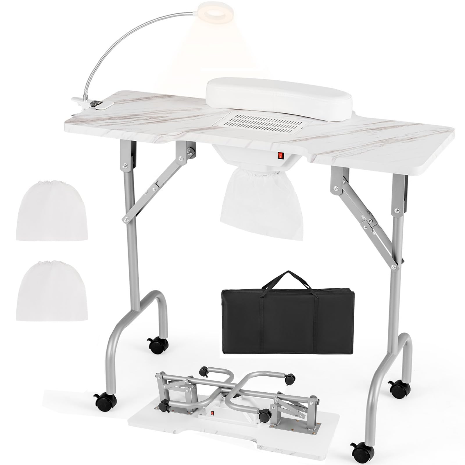 Giantex Foldable Nail Desk - Manicure Table with Built-in Dust Collector Fan, Adjustable LED Lamp