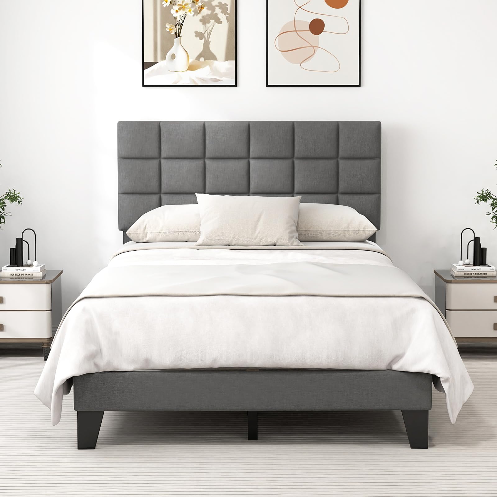 Giantex Full Size Platform Bed, Linen Fabric Upholstered Bed Frame with Adjustable Headboard & Wooden Slat Support