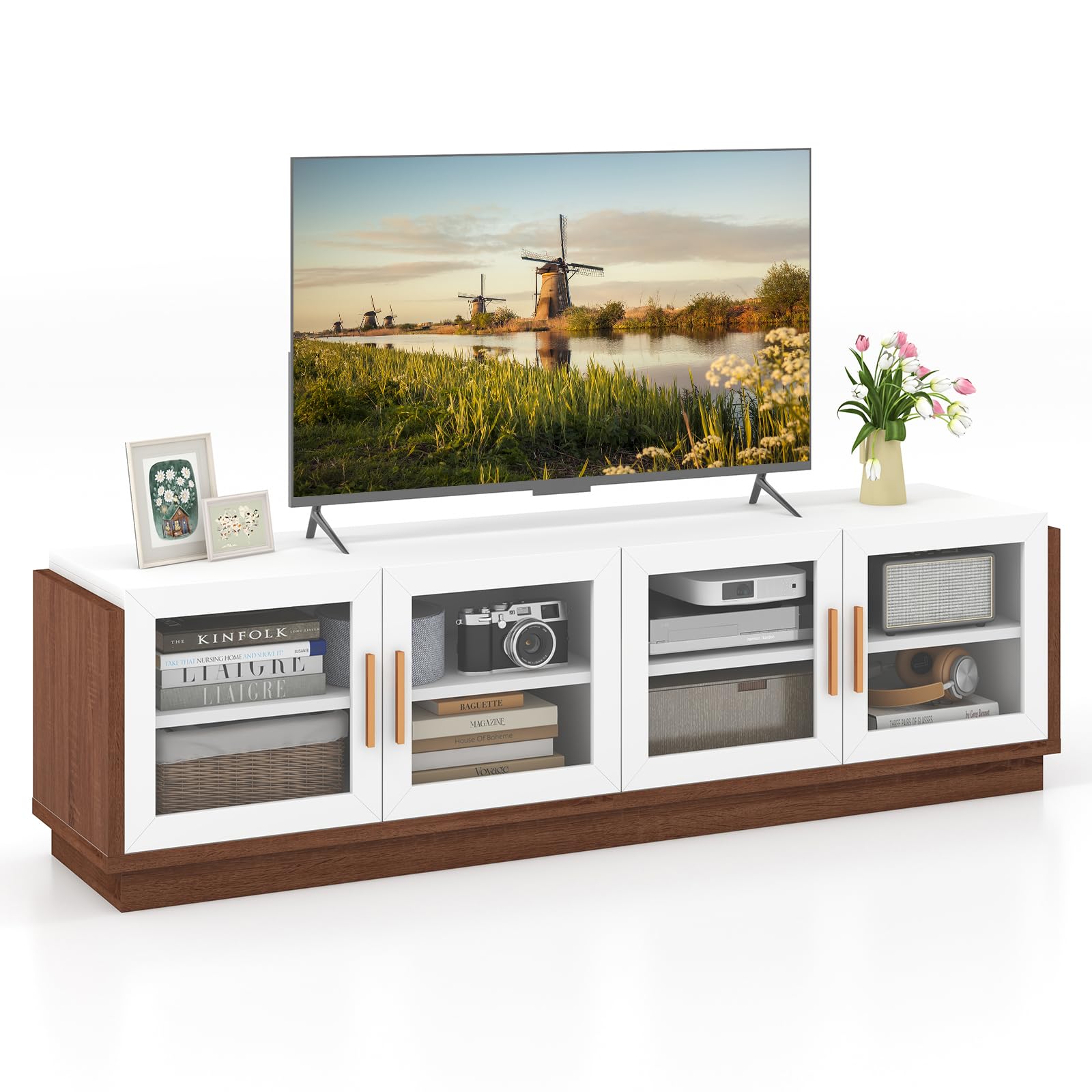 Giantex Large TV Stand for TVs up to 75”, Entertainment Center with 4 Tempered Glass Doors