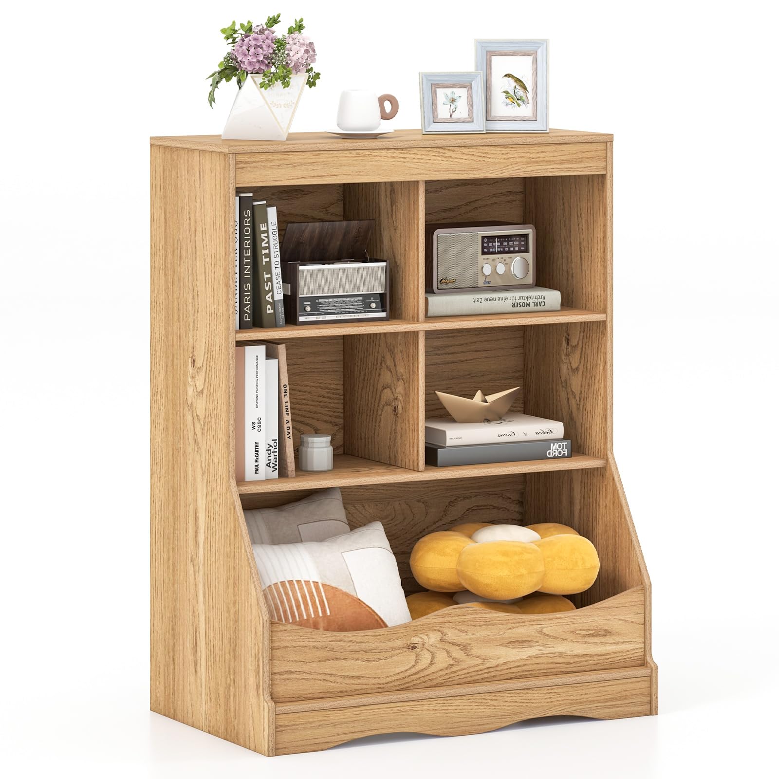 Giantex Storage Cabinet, Small Bookshelf, Short Bookcase with 4 Open Storage Cube & Bottom Compartment