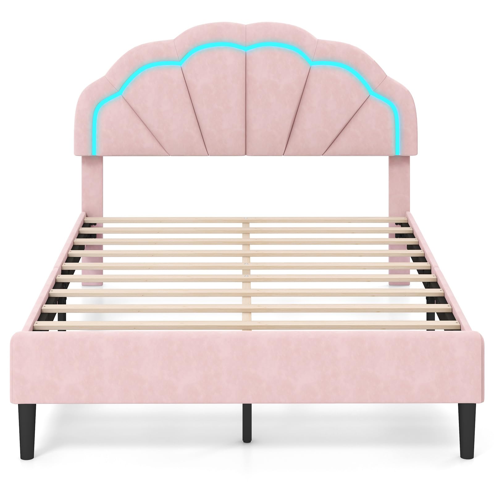 Giantex Full Size LED Bed Frame, Velvet Upholstered Full Platform Bed with Adjustable Cloud Headboard