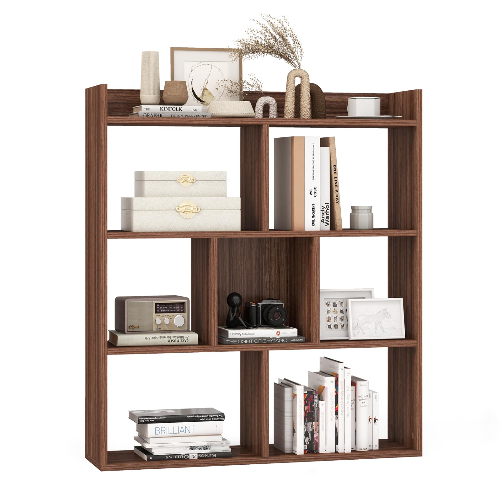 Giantex 7 Cube Bookshelf, Free-standing Wooden Bookcase, 4 Tier Home Display Shelf, Horizontal Storage Unit w/Anti-Toppling Devices