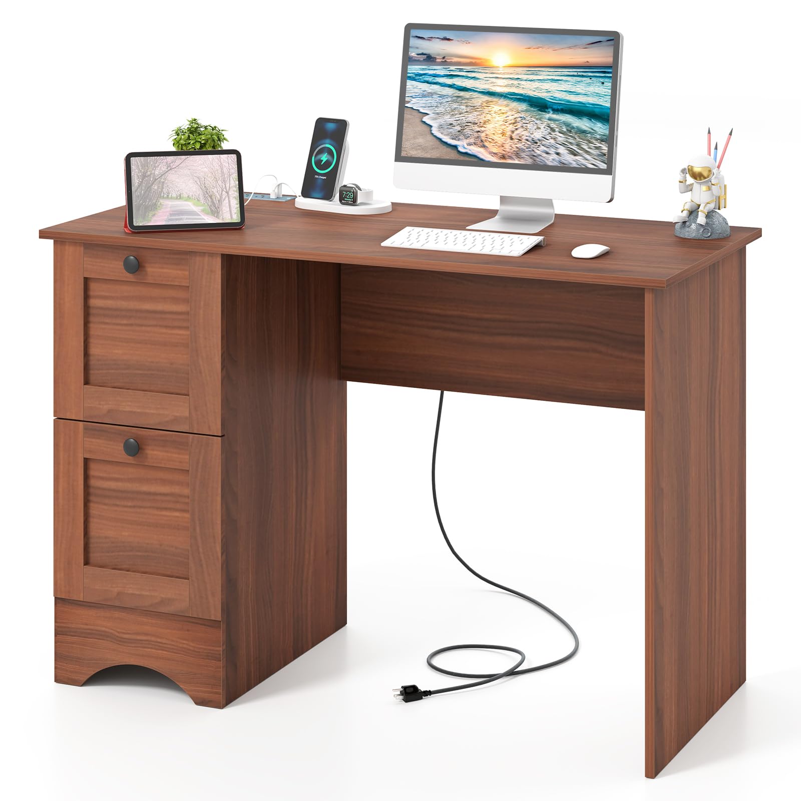 Giantex White Desk with 2 Drawers, 43” Wooden Home Office Desk with Charging Station