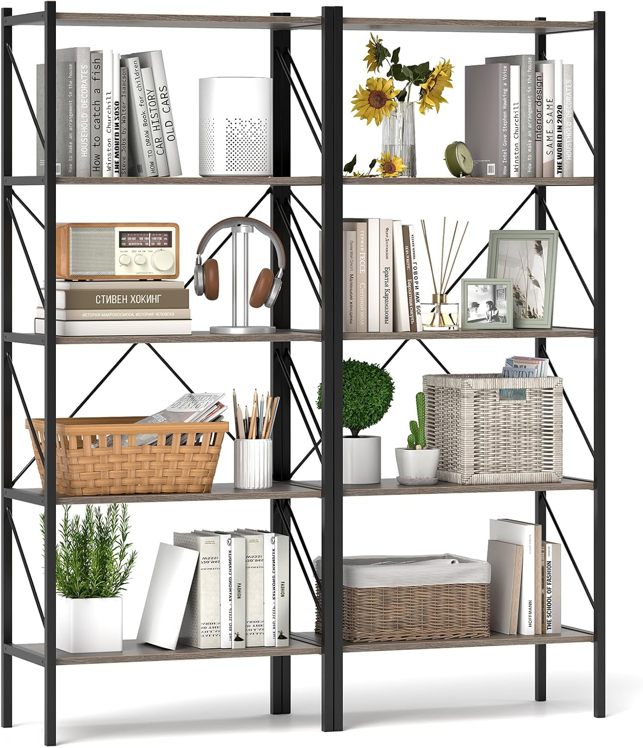 Giantex 5-Tier Bookshelf, Industrial Tall Bookcase with Open Storage Shelves & Heavy Duty Metal Frame