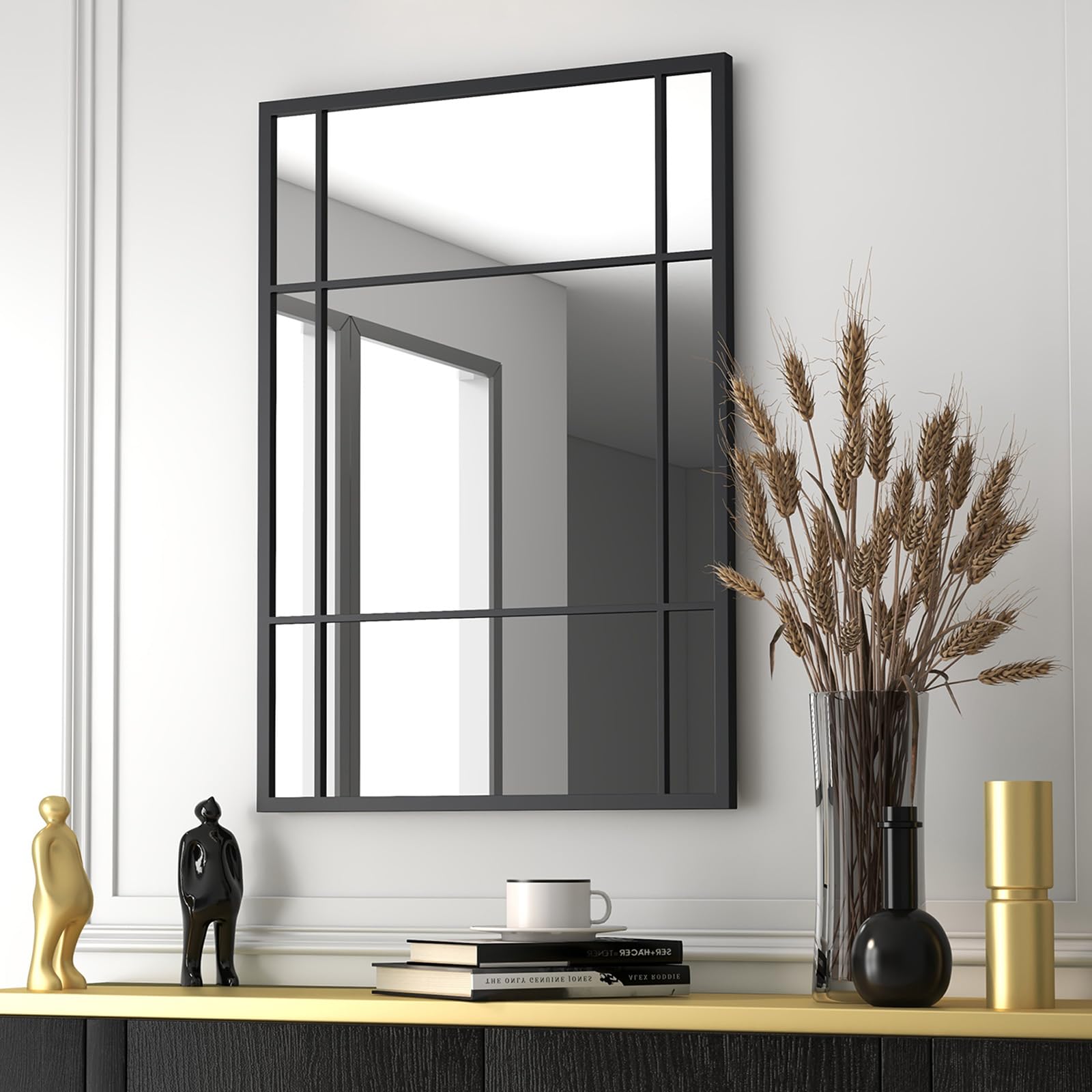 CHARMAID Window Wall Mirror - 40" x 28" Decorative Wall Mounted Mirror, Metal Framed Mirror