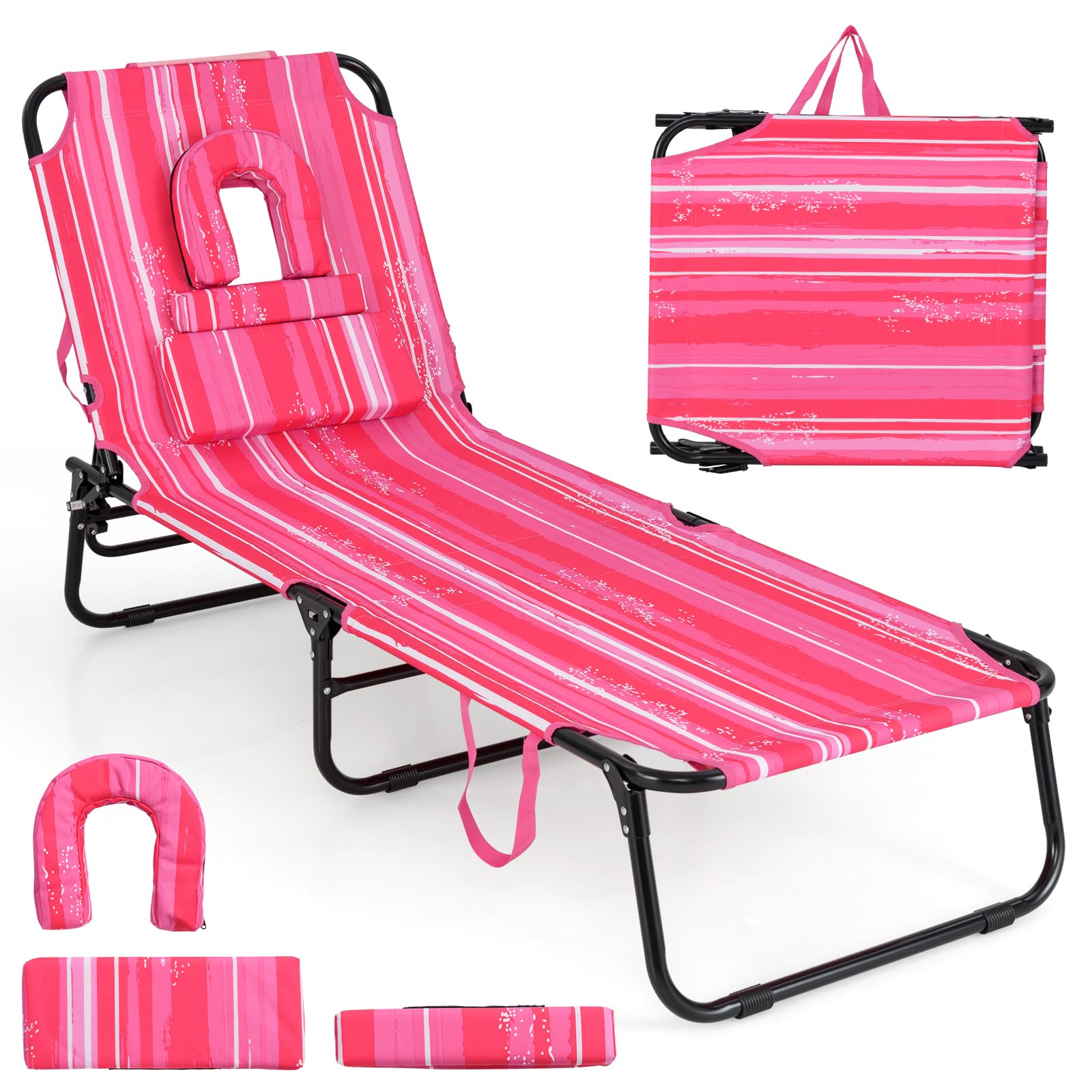 Giantex Folding Beach Tanning Chair - Adjustable Patio Lounge Chair w/Face Hole, Removable Pillows, Carry Strap