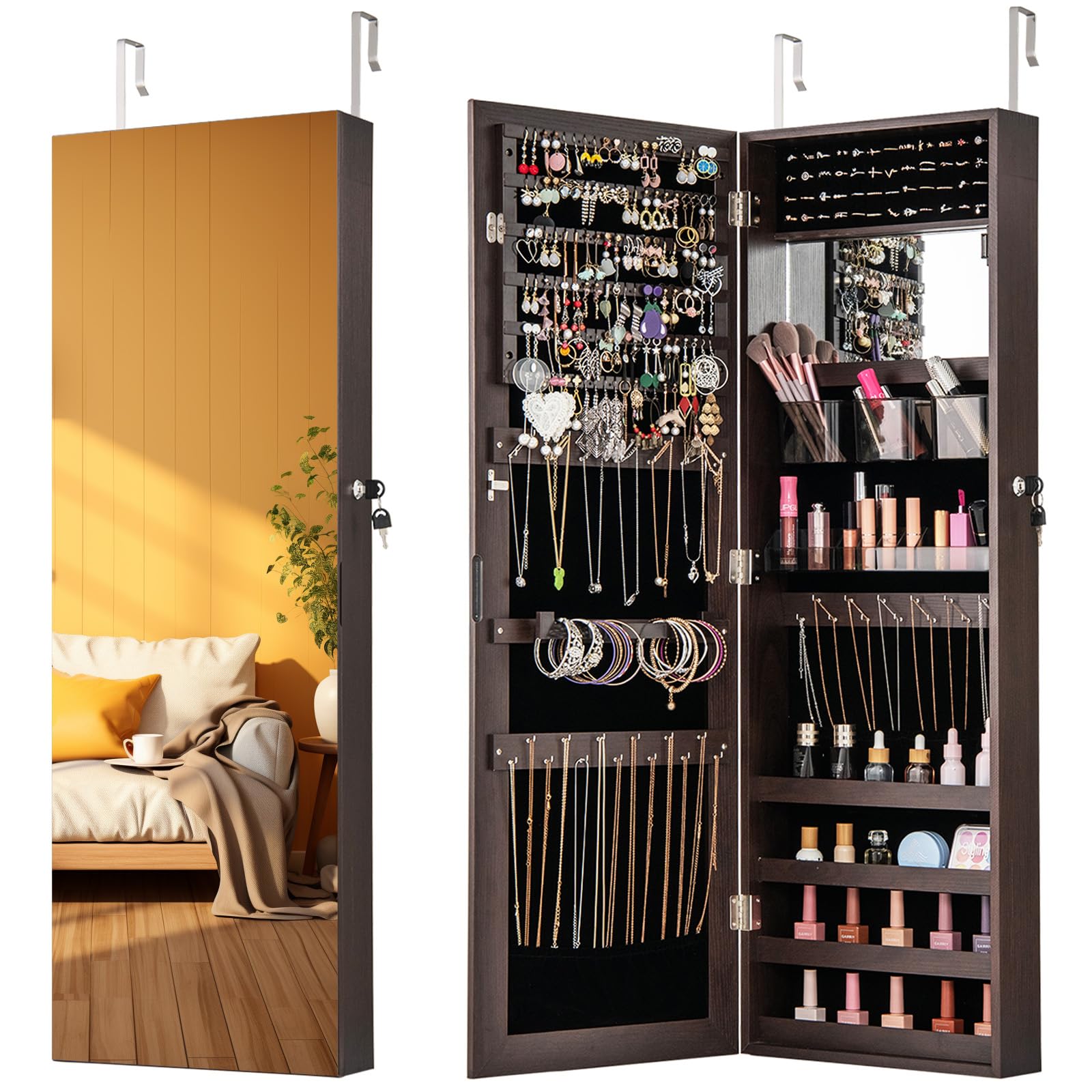 CHARMAID Jewelry Cabinet Wall or Door Mounted, Hanging Lockable Jewelry Armoire Storage with Full Length Mirror