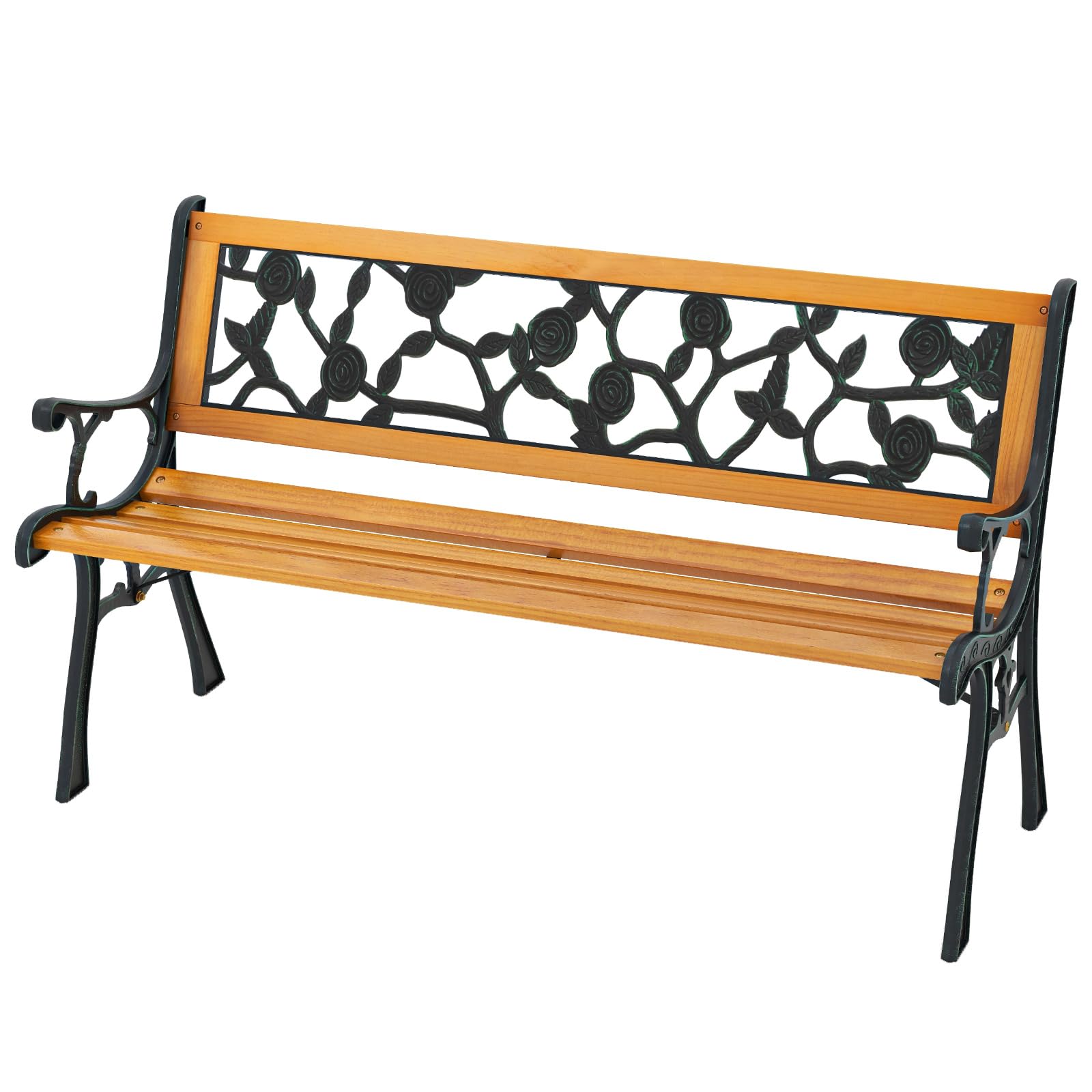 Giantex Outdoor Bench, 3-Person Park Bench with Slatted Seat, Curved Armrests, Floral Pattern Backrest