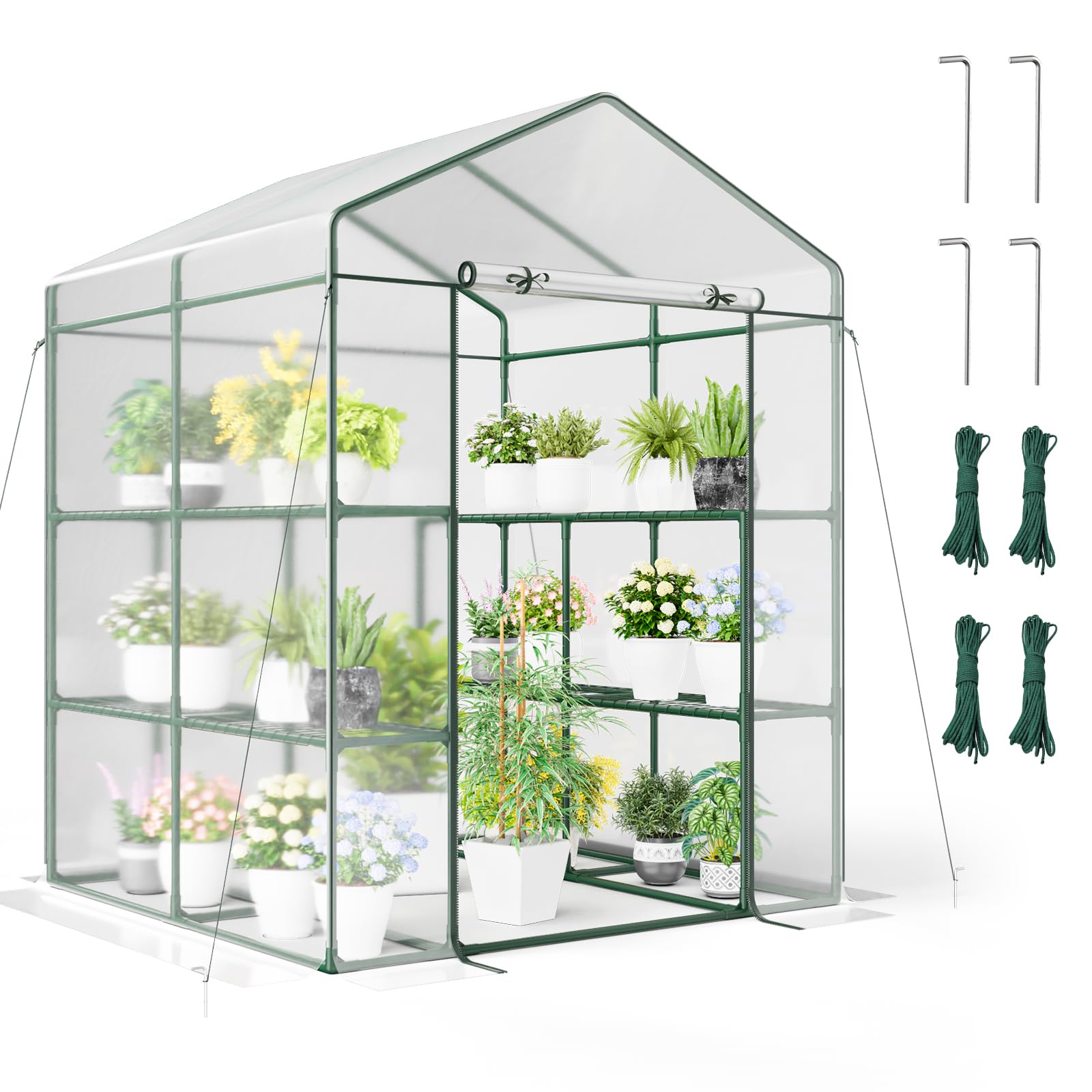 Giantex Walk-in Greenhouse w/ 3 Tiers 4 Shelves, 4 Ground Stakes & Ropes, PVC Cover