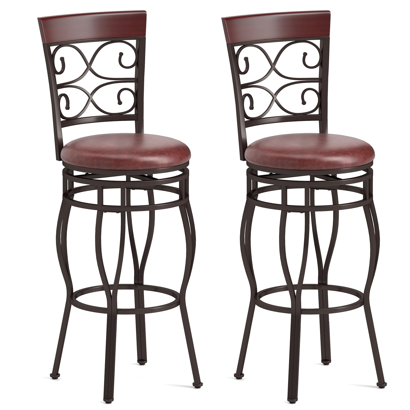 Giantex 30" Swivel Bar Stools Set of 2, Bar Height Bar Stools w/Back, Upholstered PU Leather Seat, Footrest, Rustic Brown