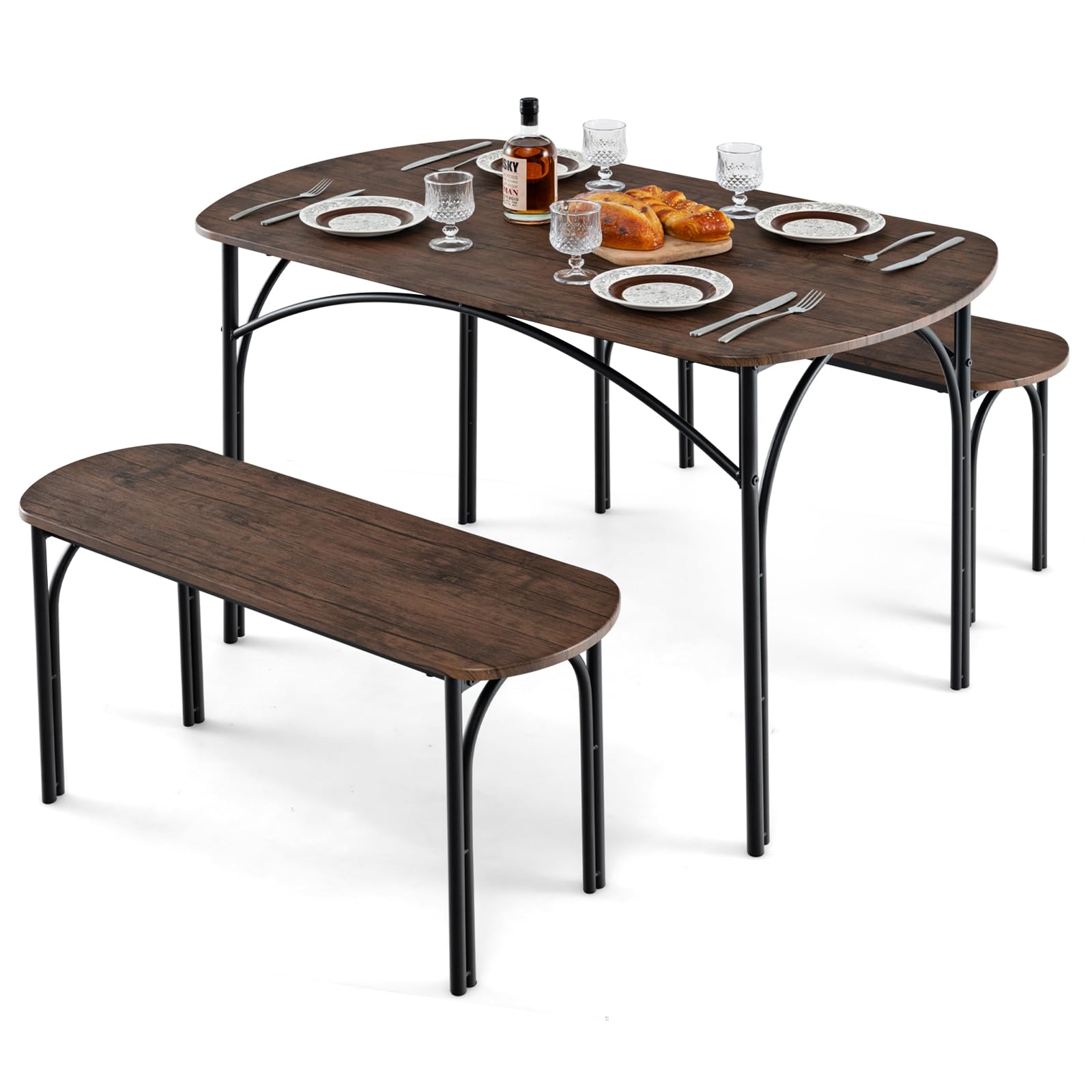 Giantex Dining Table Set for 4, Modern Oval Kitchen Table Set with 2 Benches, Metal Frame