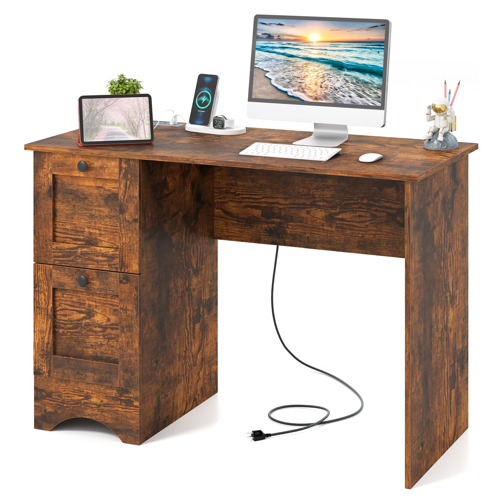 Giantex White Desk with 2 Drawers, 43” Wooden Home Office Desk with Charging Station