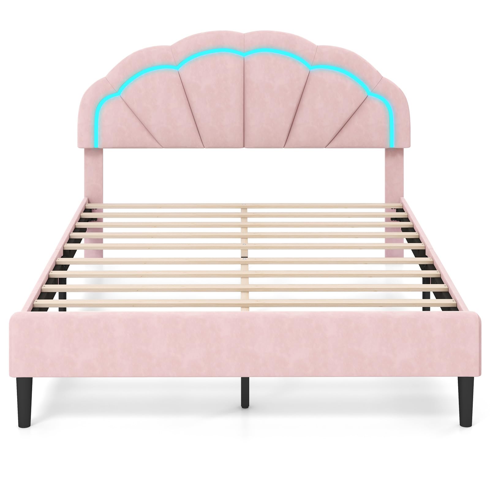 Giantex Full Size LED Bed Frame, Velvet Upholstered Full Platform Bed with Adjustable Cloud Headboard