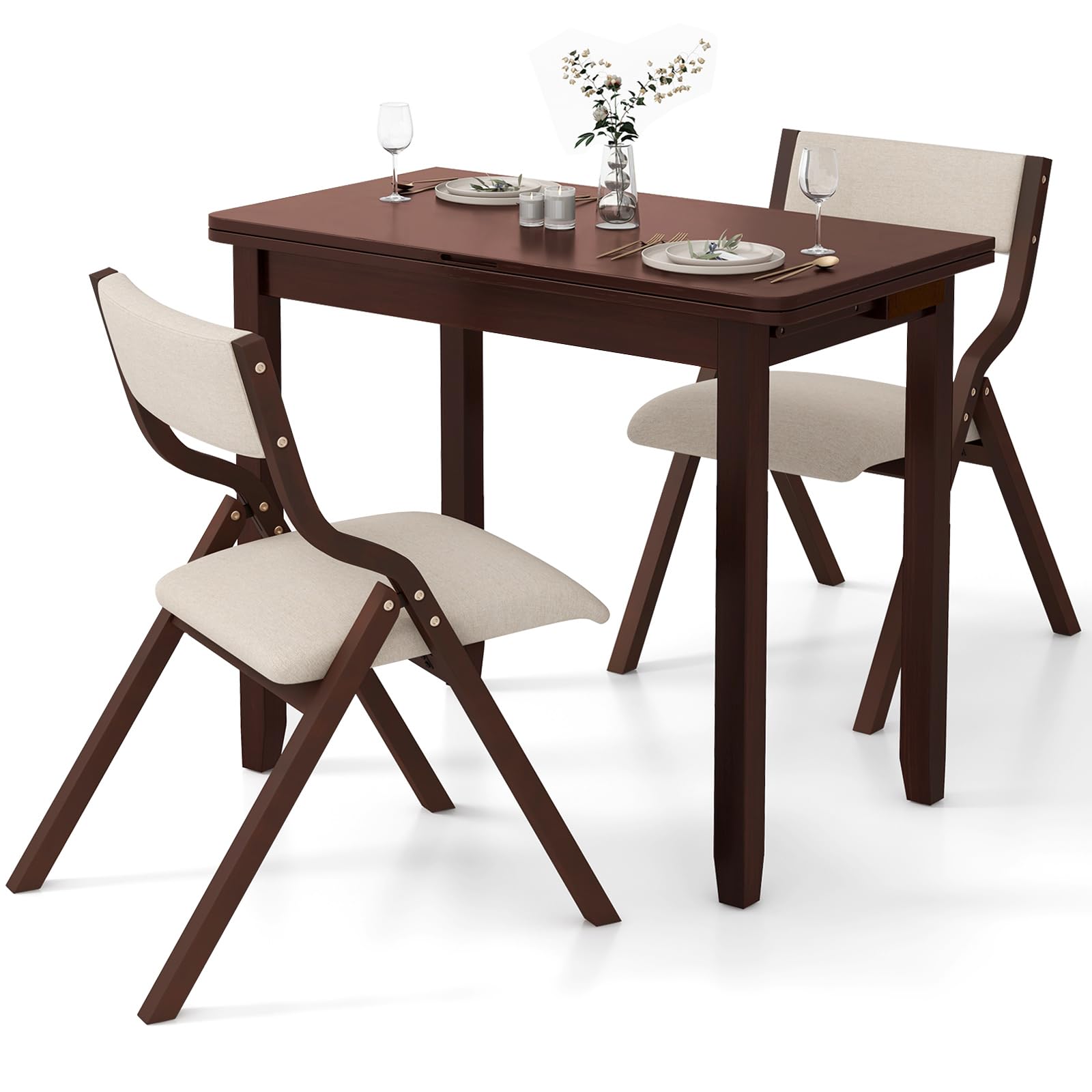 Giantex Dining Table Set for 2 OR 4, Kitchen Table Chairs Set, Expandable Dining Table with Upholstered Folding Dining Chairs